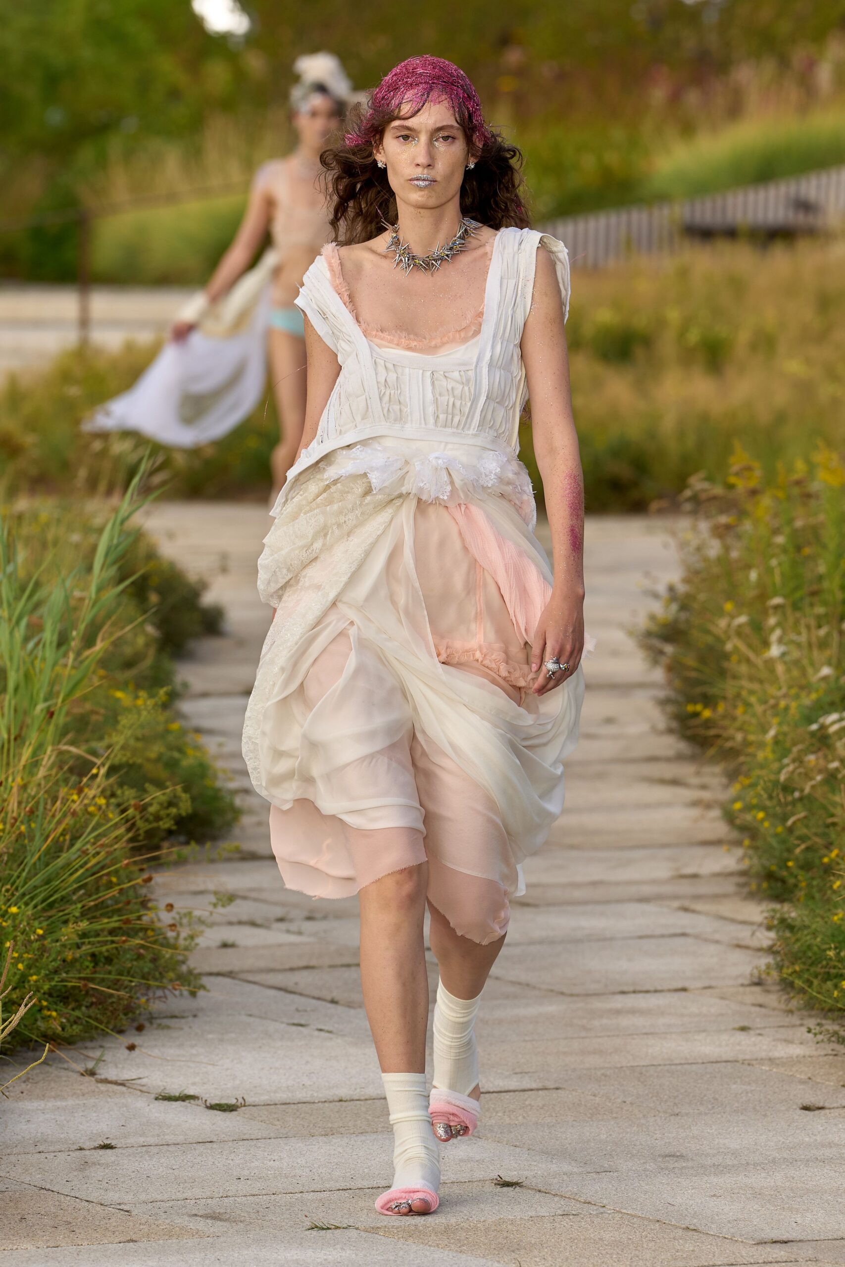 white silk sleeveless v-neck fitted pleated layered dress