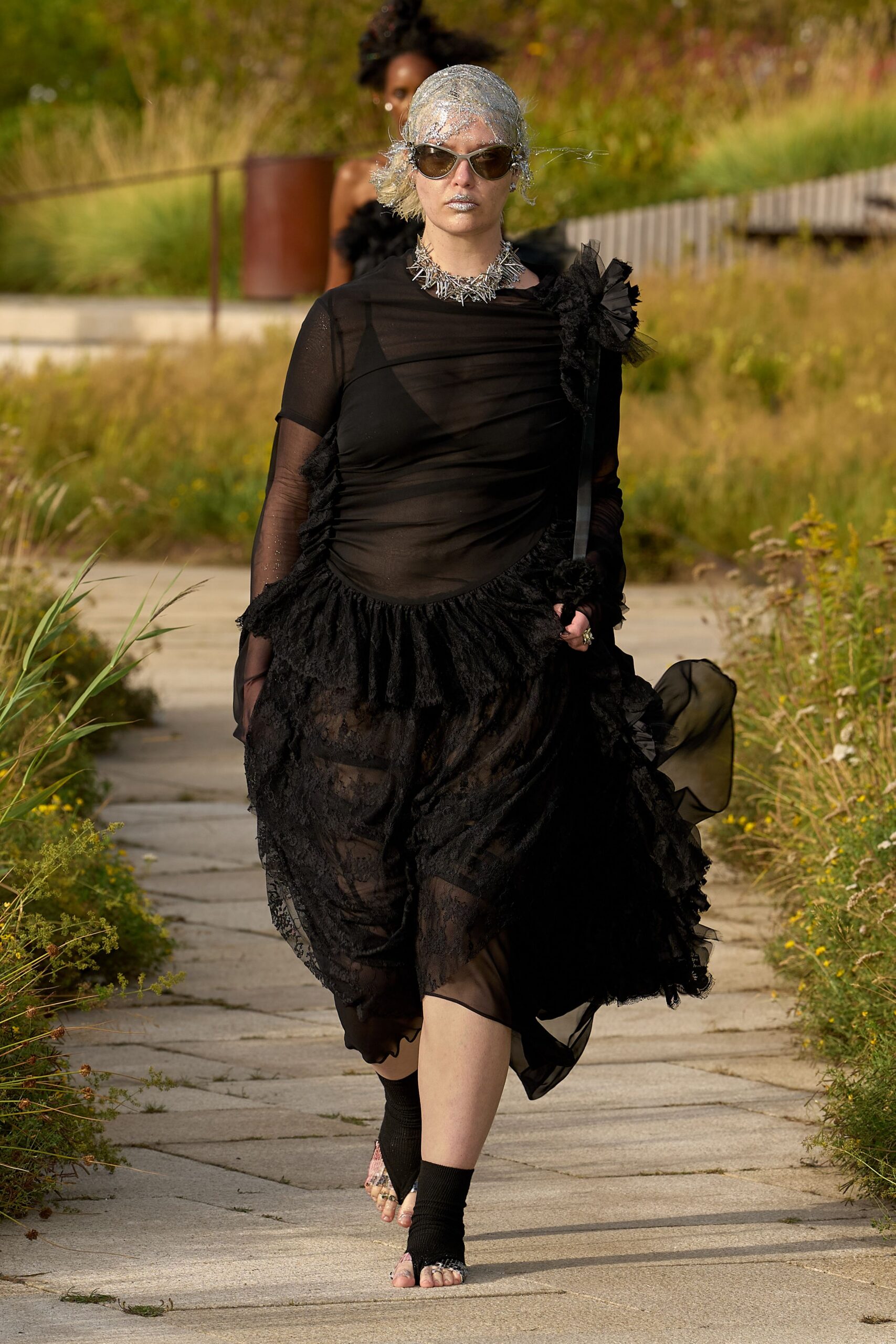 black silk long-sleeve v-neck fitted ruffled layered dress