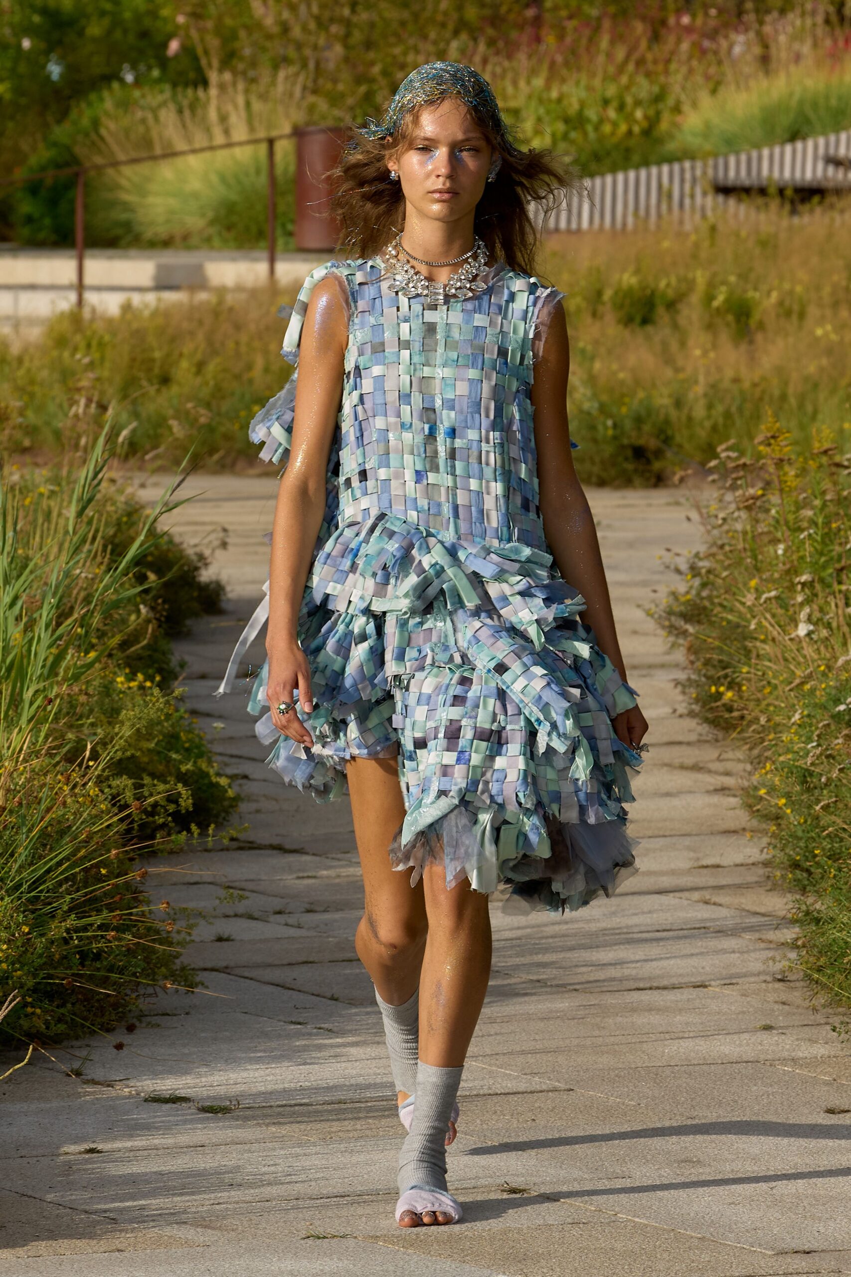 blue silk sleeveless fitted ruffled layered flowing dress