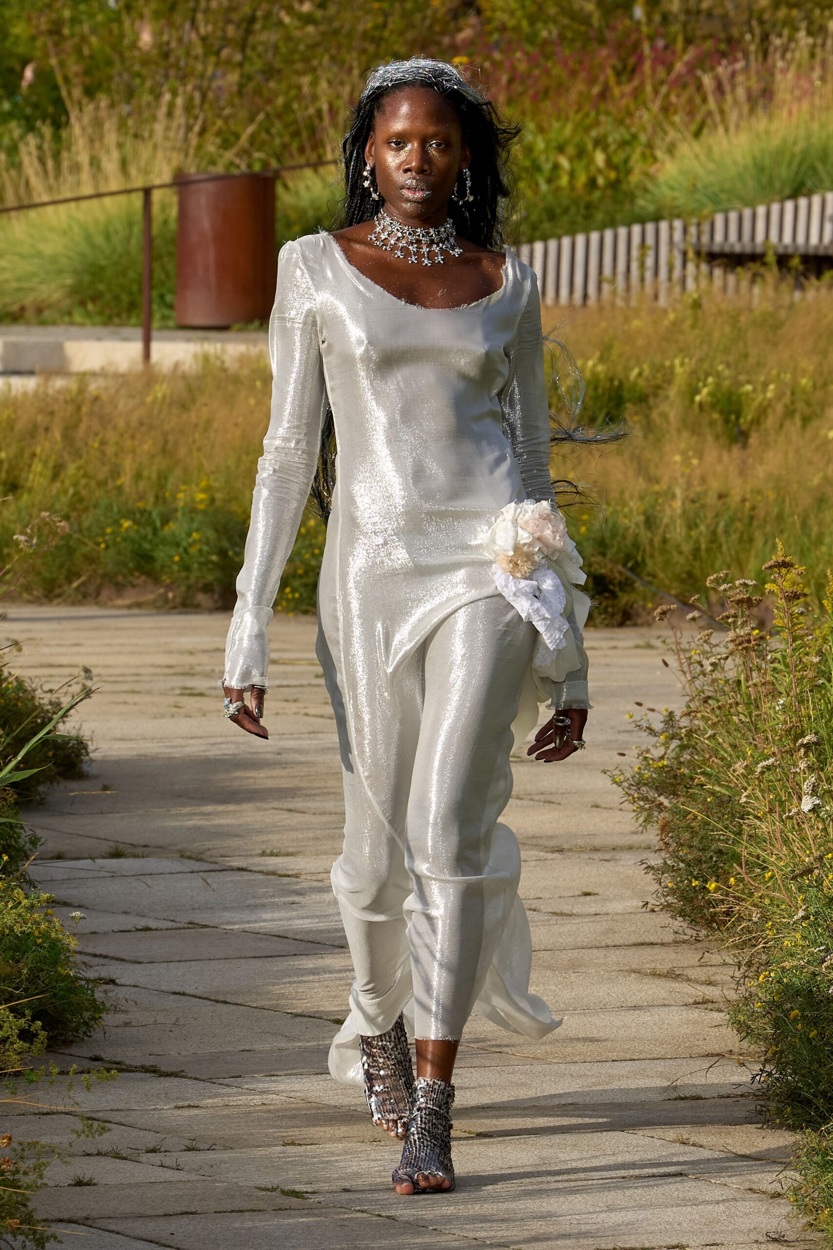 white silk long-sleeve v-neck fitted draped gown