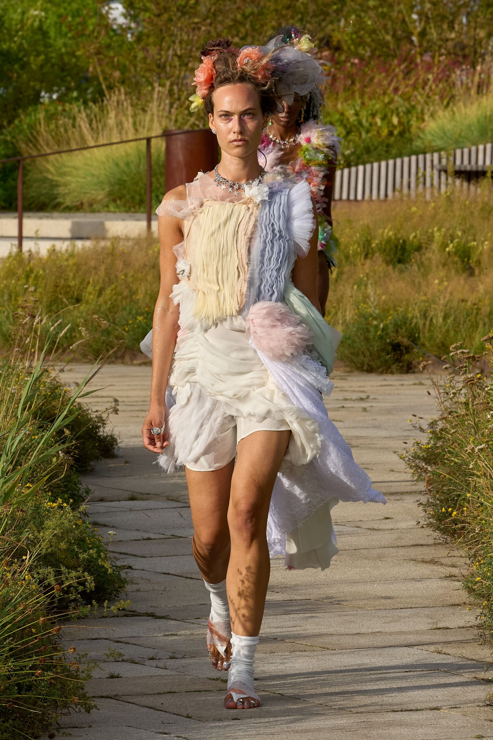 white silk sleeveless v-neck fitted ruffled layered dress