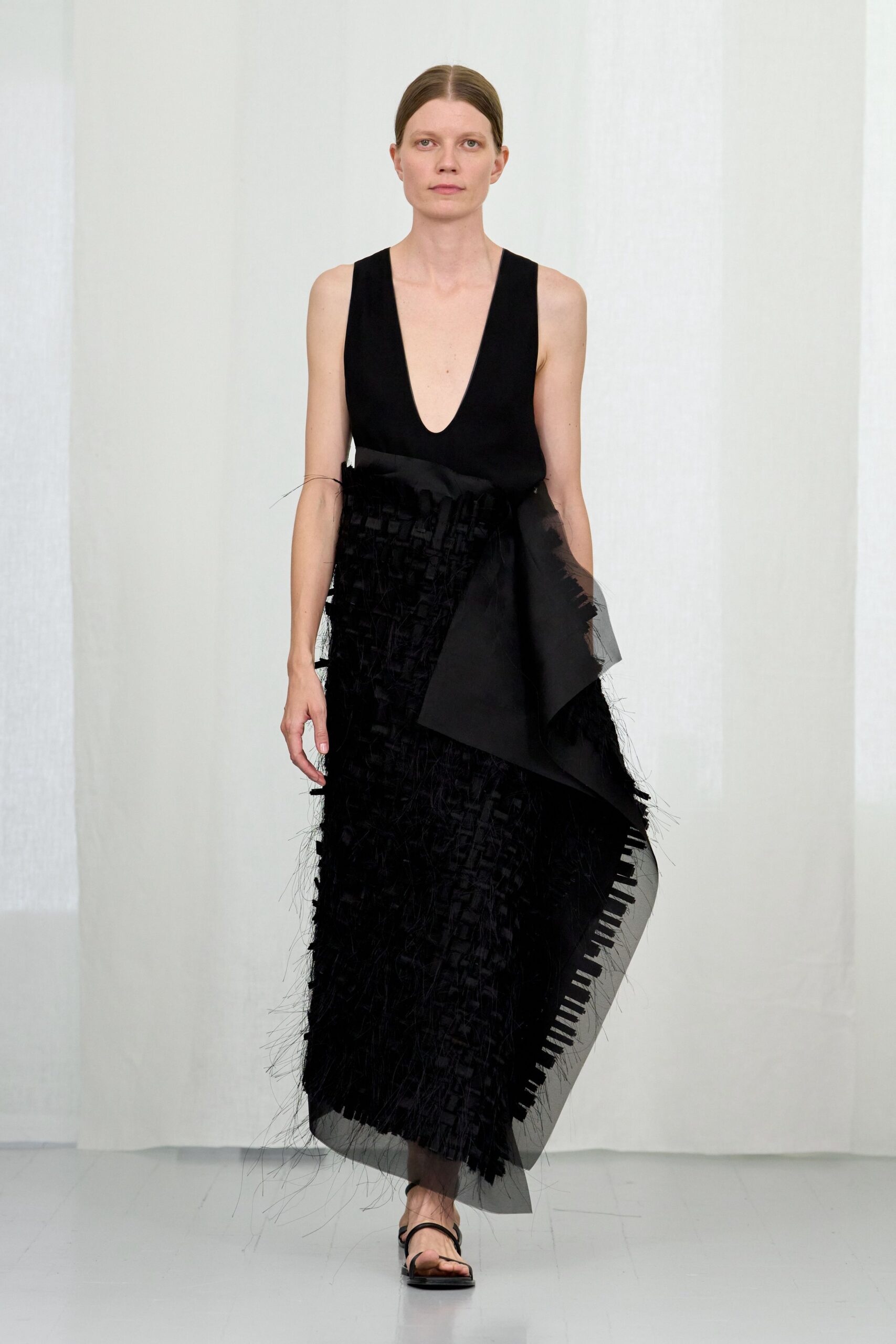 black silk sleeveless v-neck fitted pleated layered dress