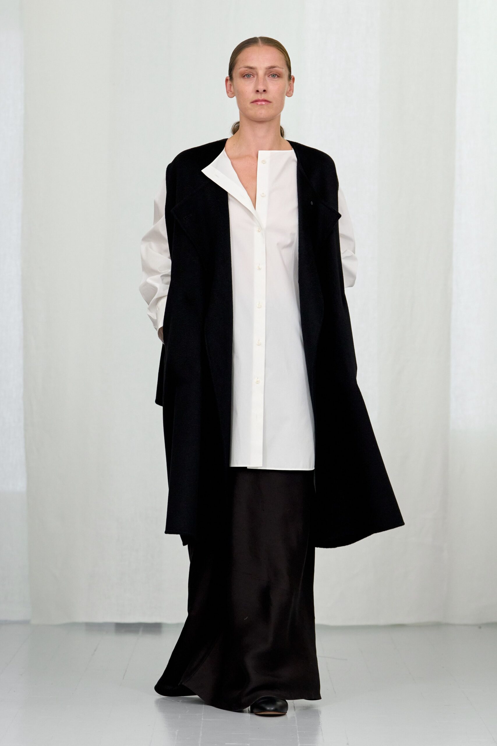 black silk long-sleeve collared fitted straight-leg maxi dress