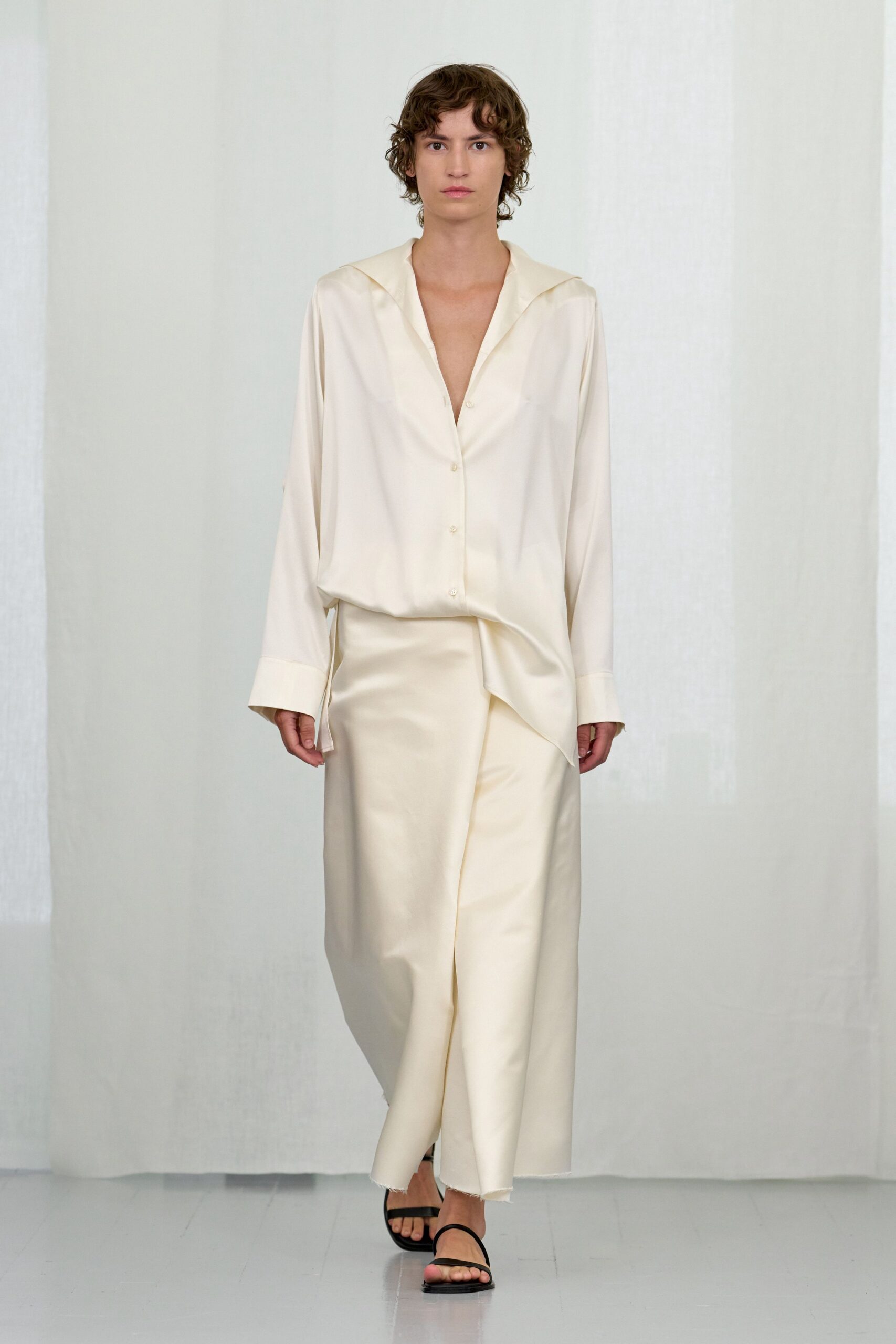 white silk asymmetric fitted midi skirt