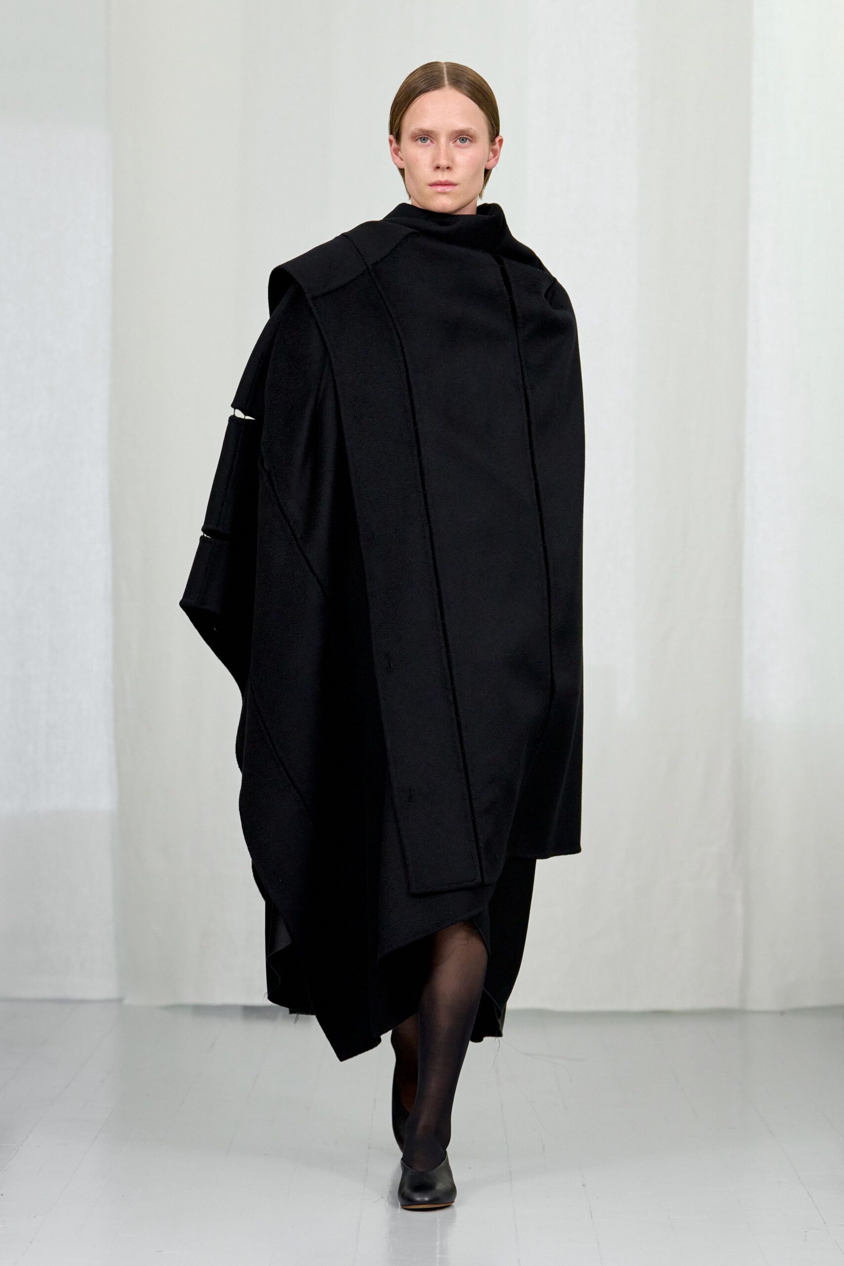 black wool long-sleeve fitted straight-leg midi dress