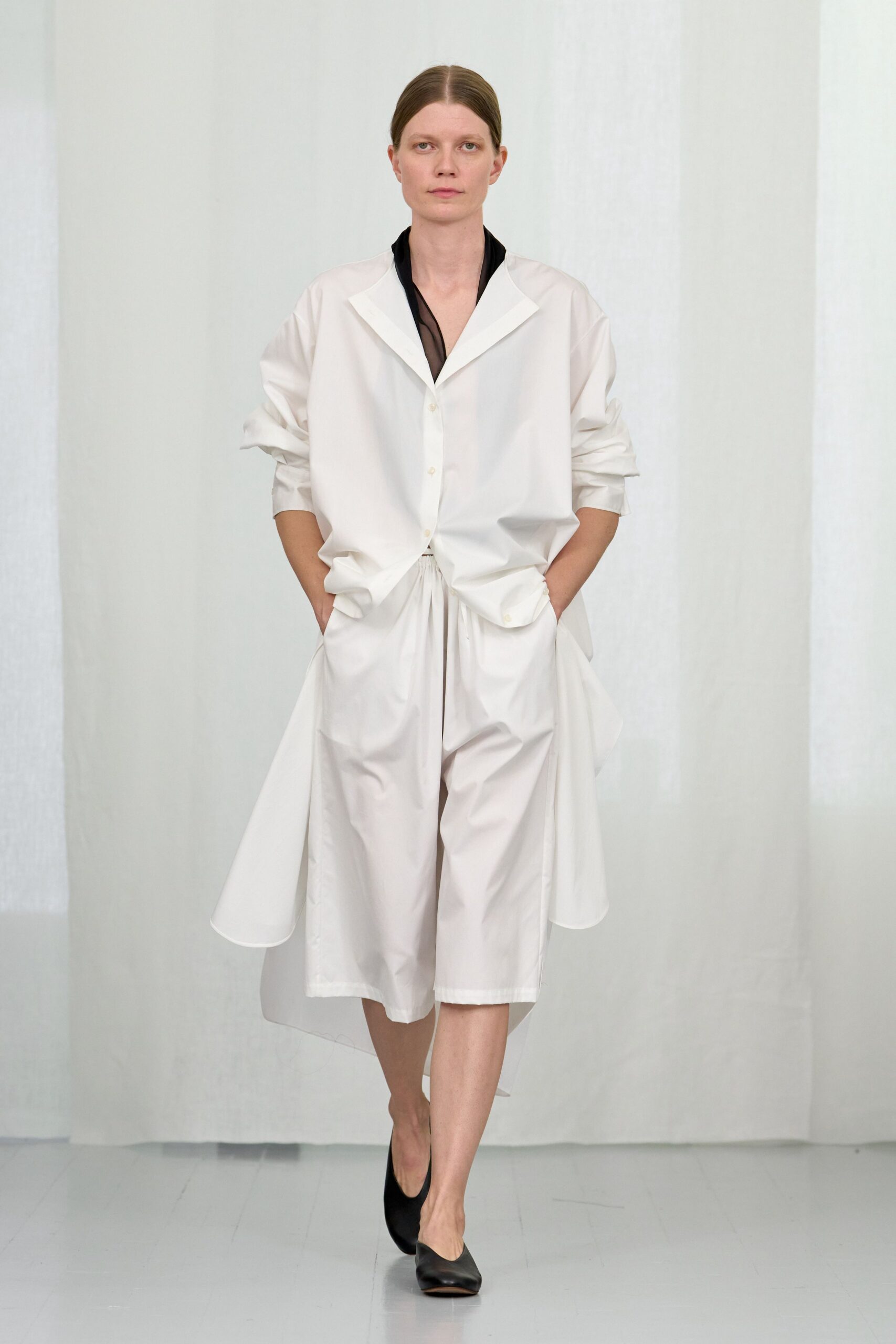 white cotton long-sleeve collared relaxed buttoned midi dress