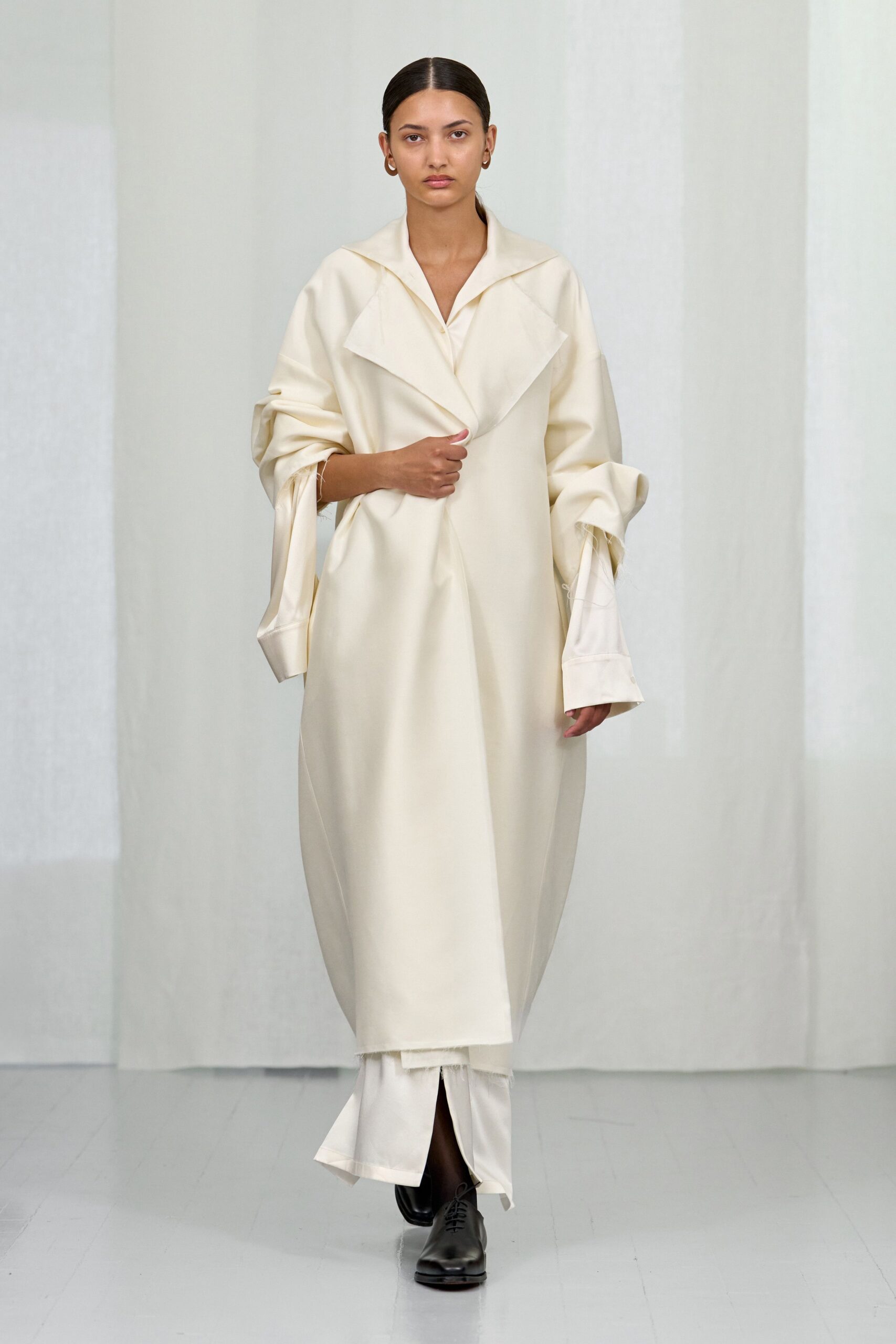 white cotton long-sleeve collared relaxed layered maxi dress