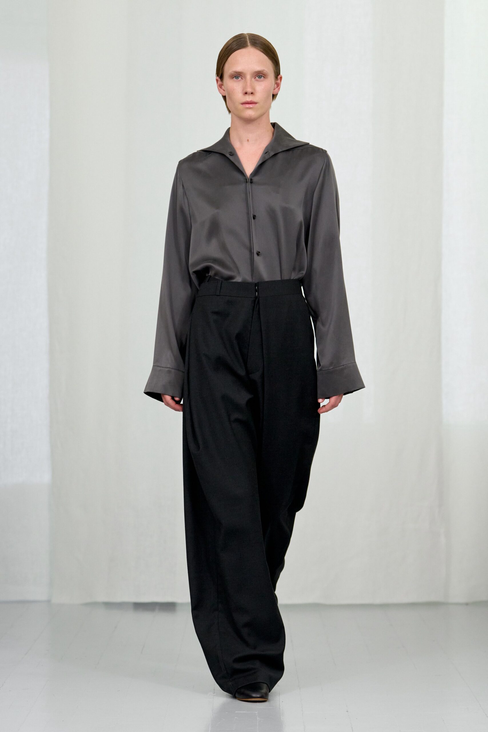 gray silk long-sleeve collared relaxed shirt