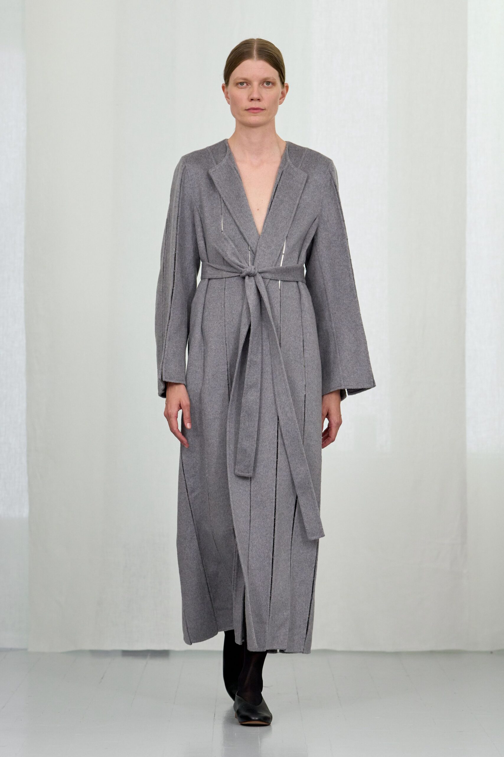 gray wool long-sleeve collared relaxed belted maxi coat
