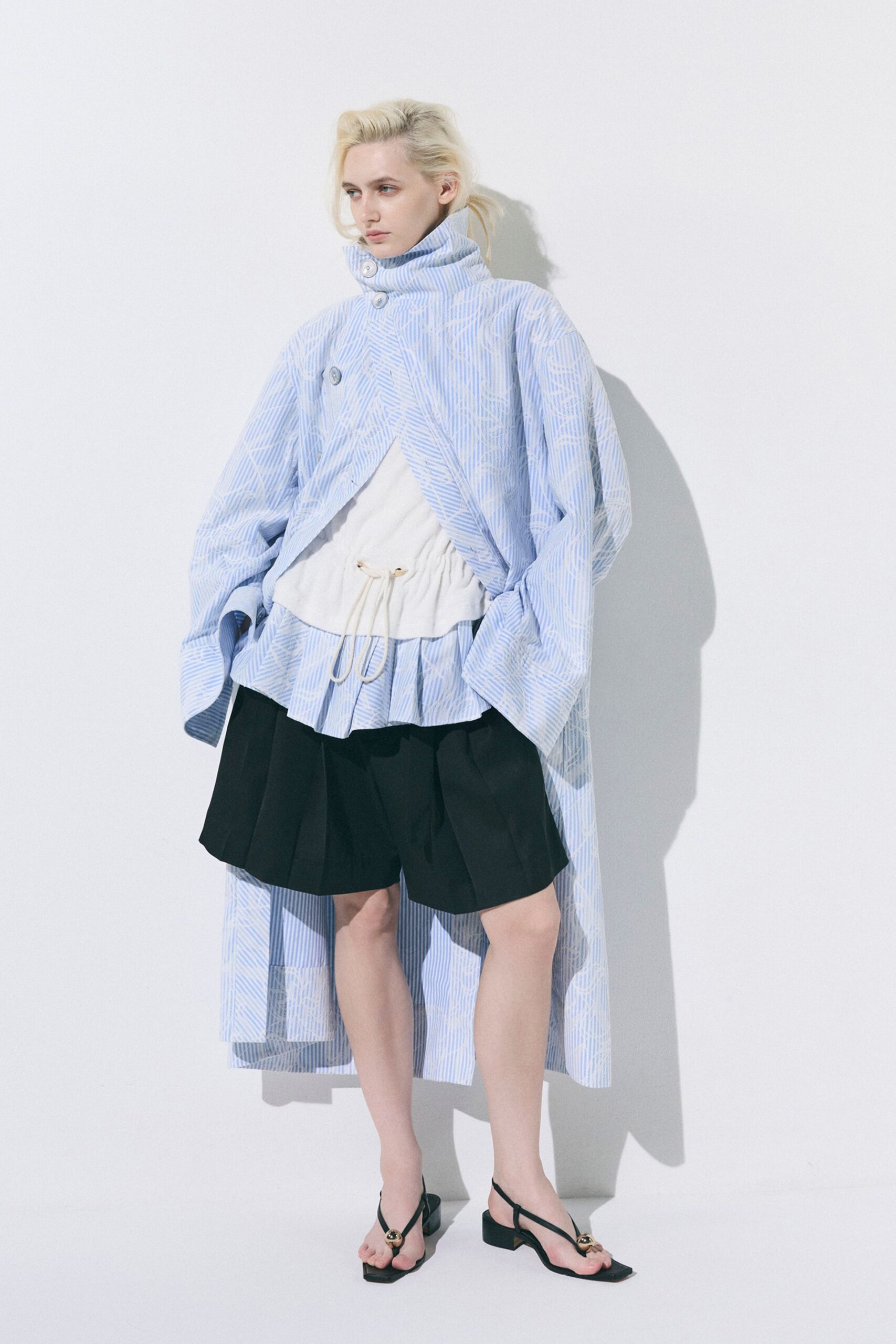 blue cotton long-sleeve collared relaxed striped layered coat