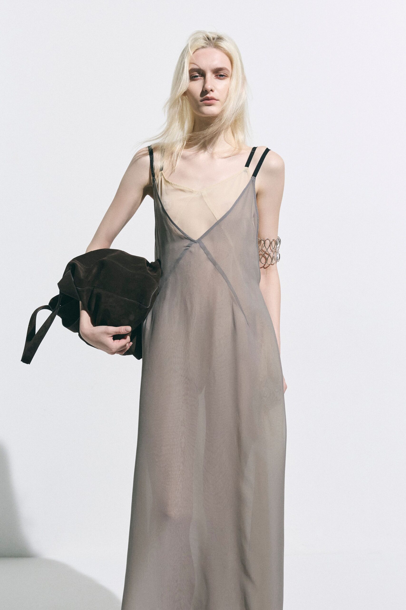 gray silk sleeveless v-neck fitted layered sheer dress