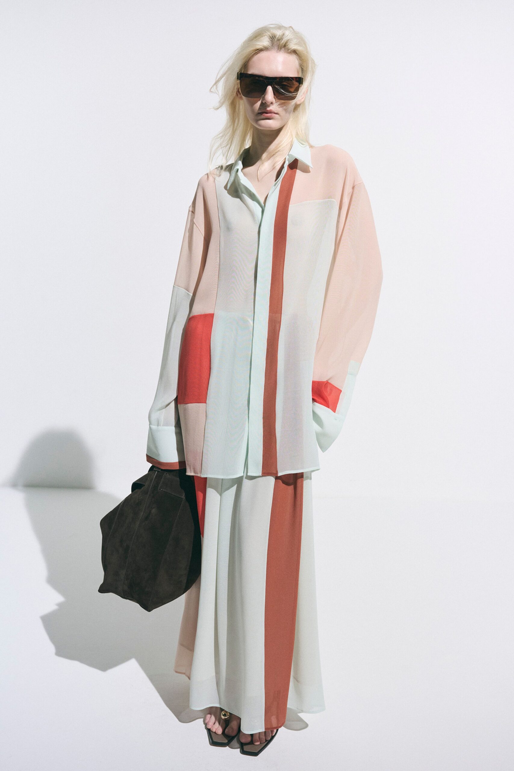pink silk long-sleeve collared relaxed color-blocked shirt
