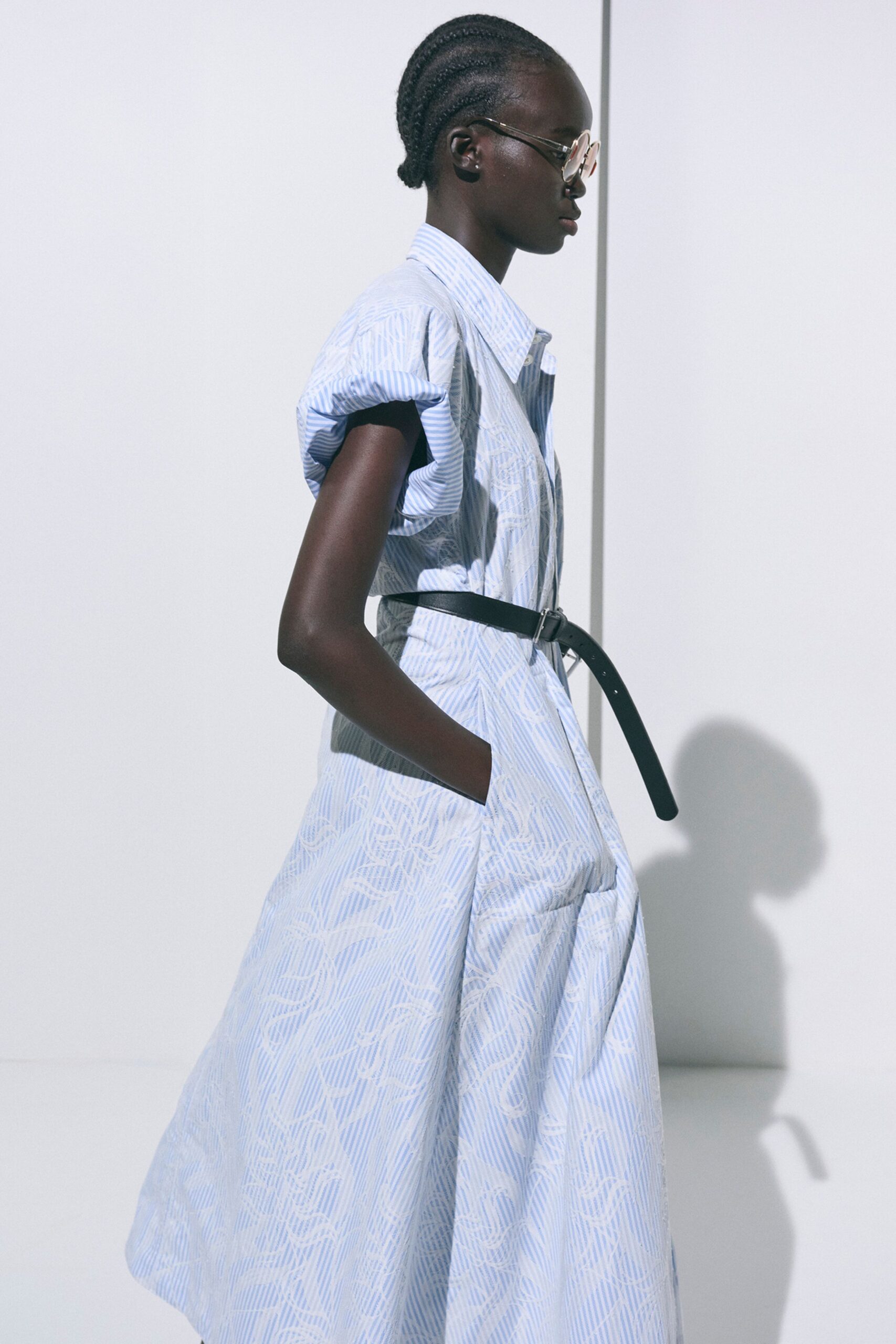 blue cotton collared short-sleeve printed belted maxi dress