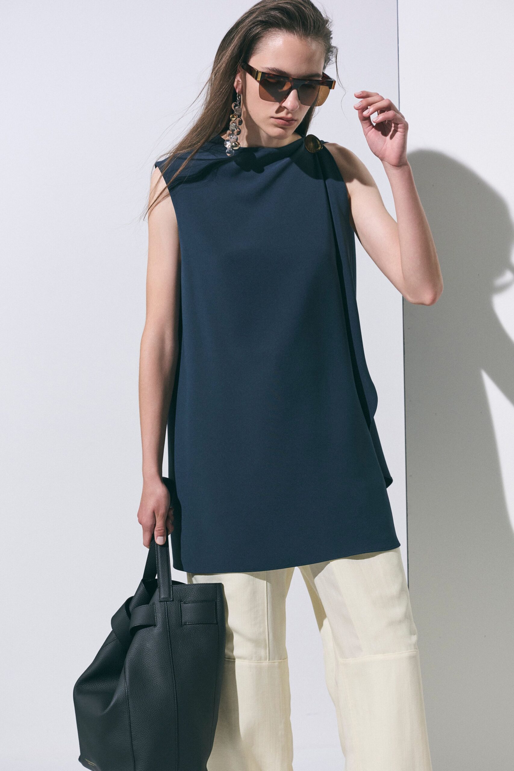 blue cotton sleeveless high-neck relaxed top