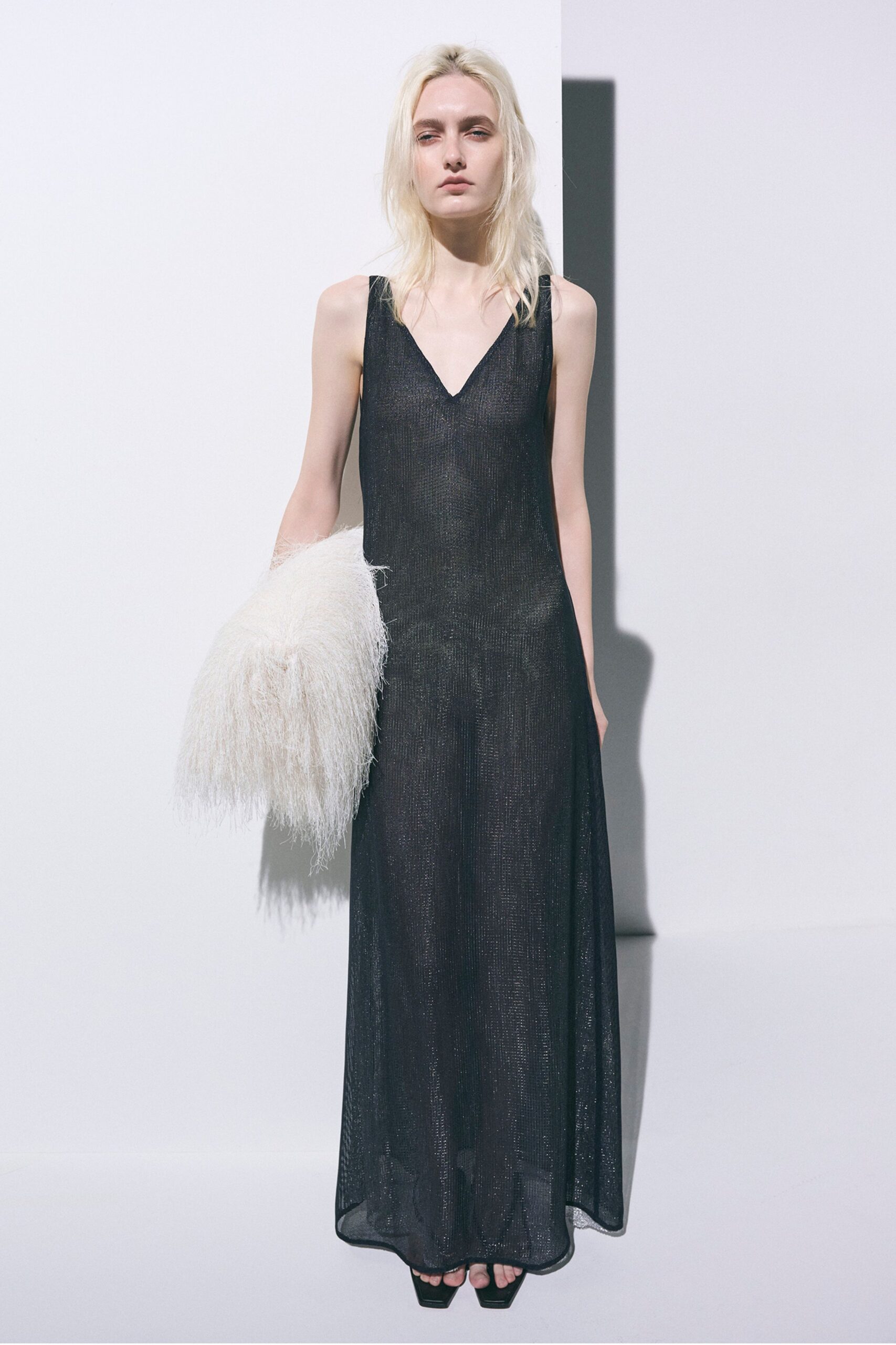 black silk sleeveless v-neck fitted sheer flowing dress