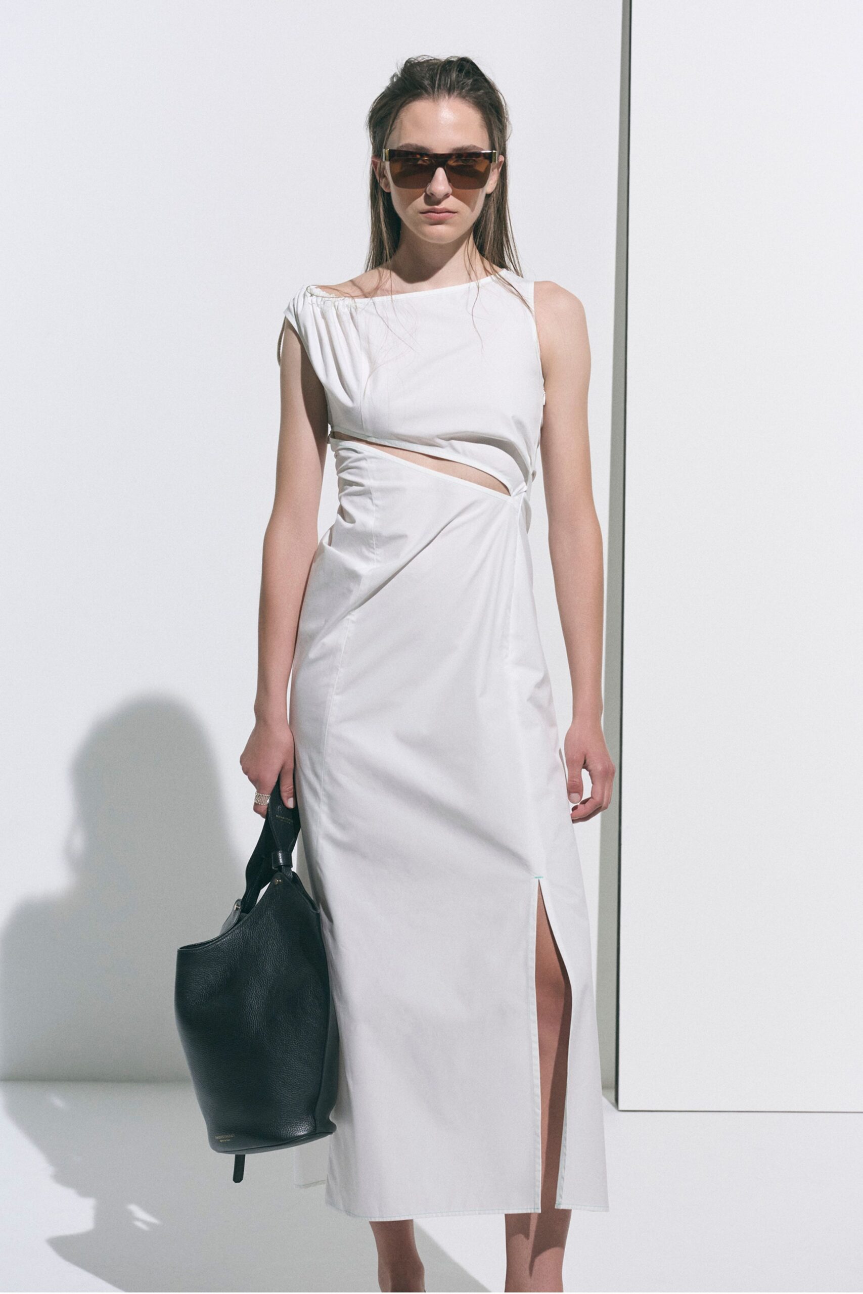 white cotton sleeveless high-neck fitted draped midi dress