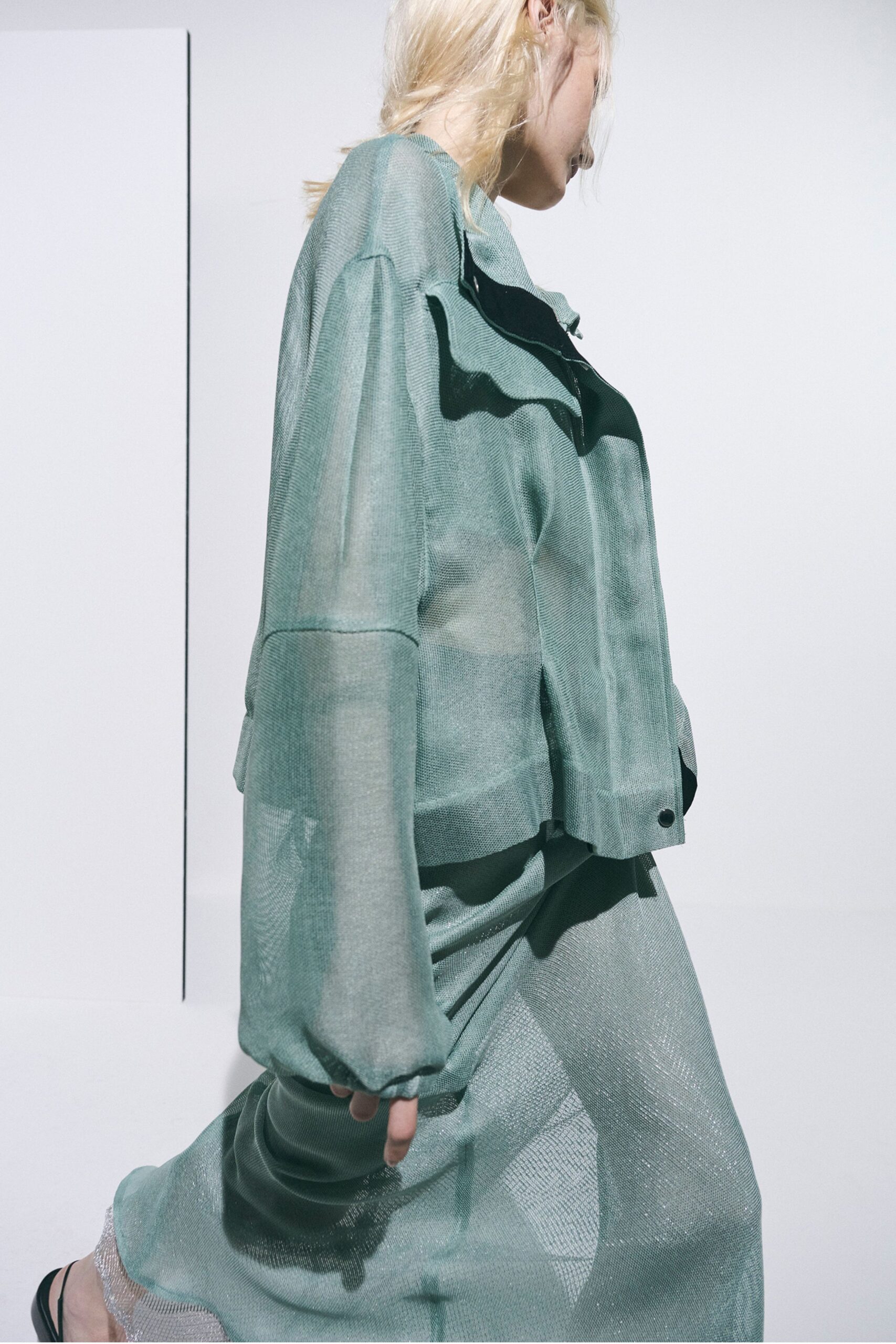 green mesh long-sleeve oversized layered sheer jacket