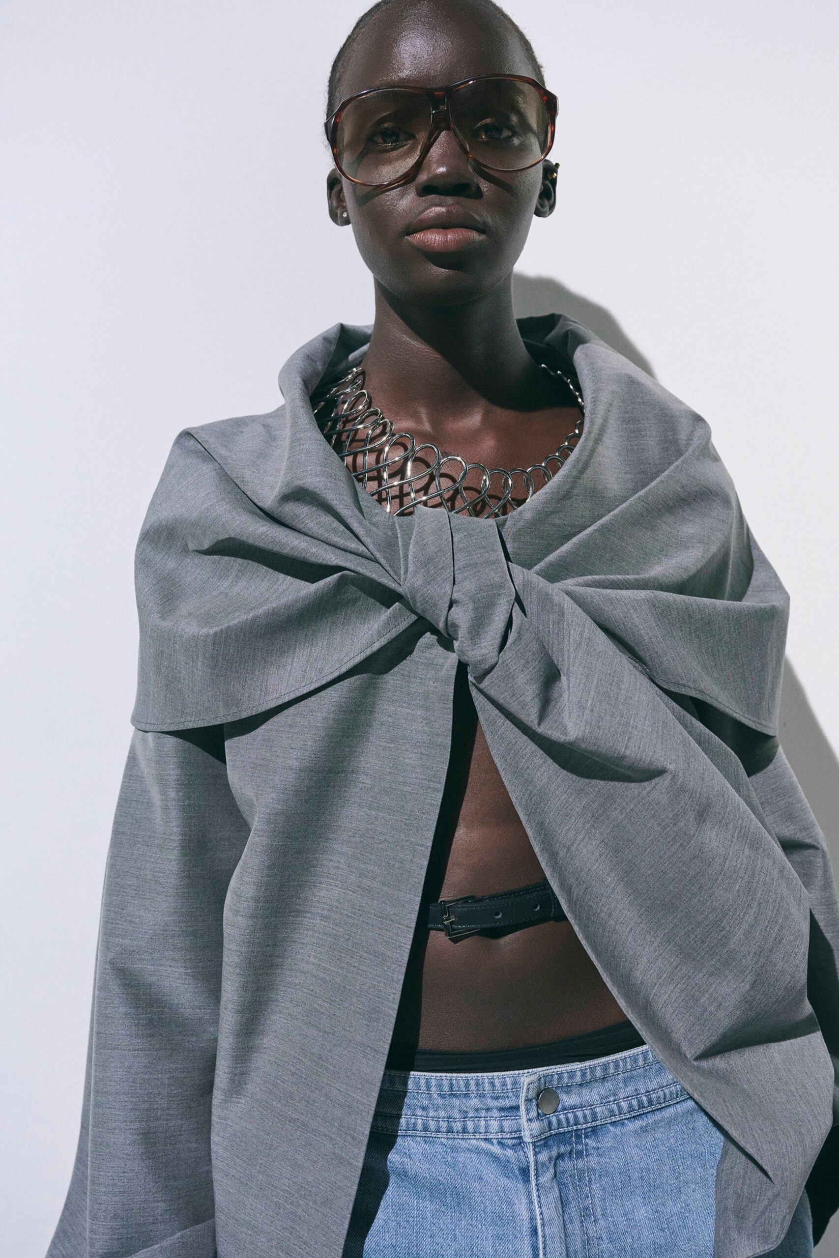 gray cotton long-sleeve collared relaxed draped top