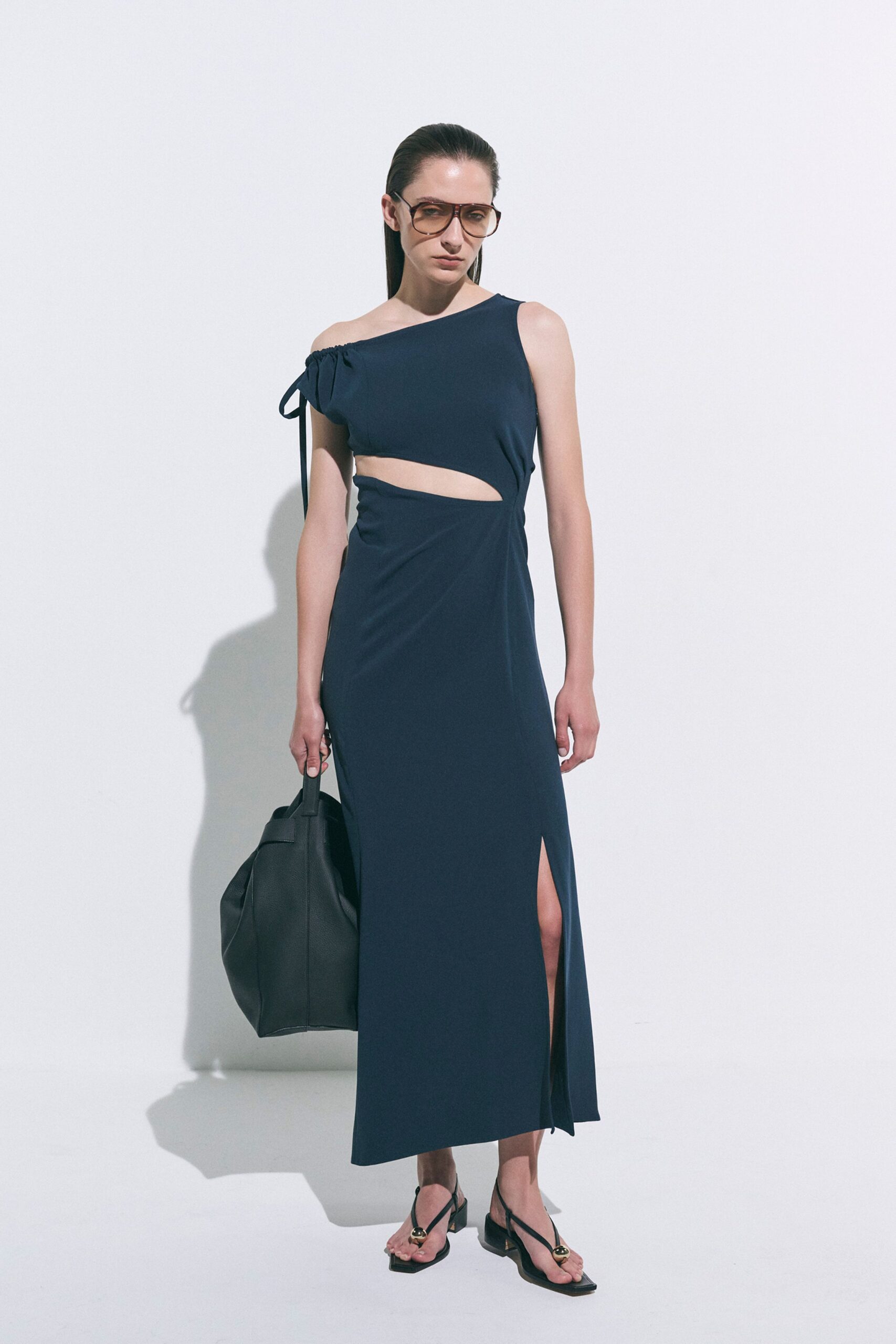 blue cotton sleeveless cutout fitted maxi dress
