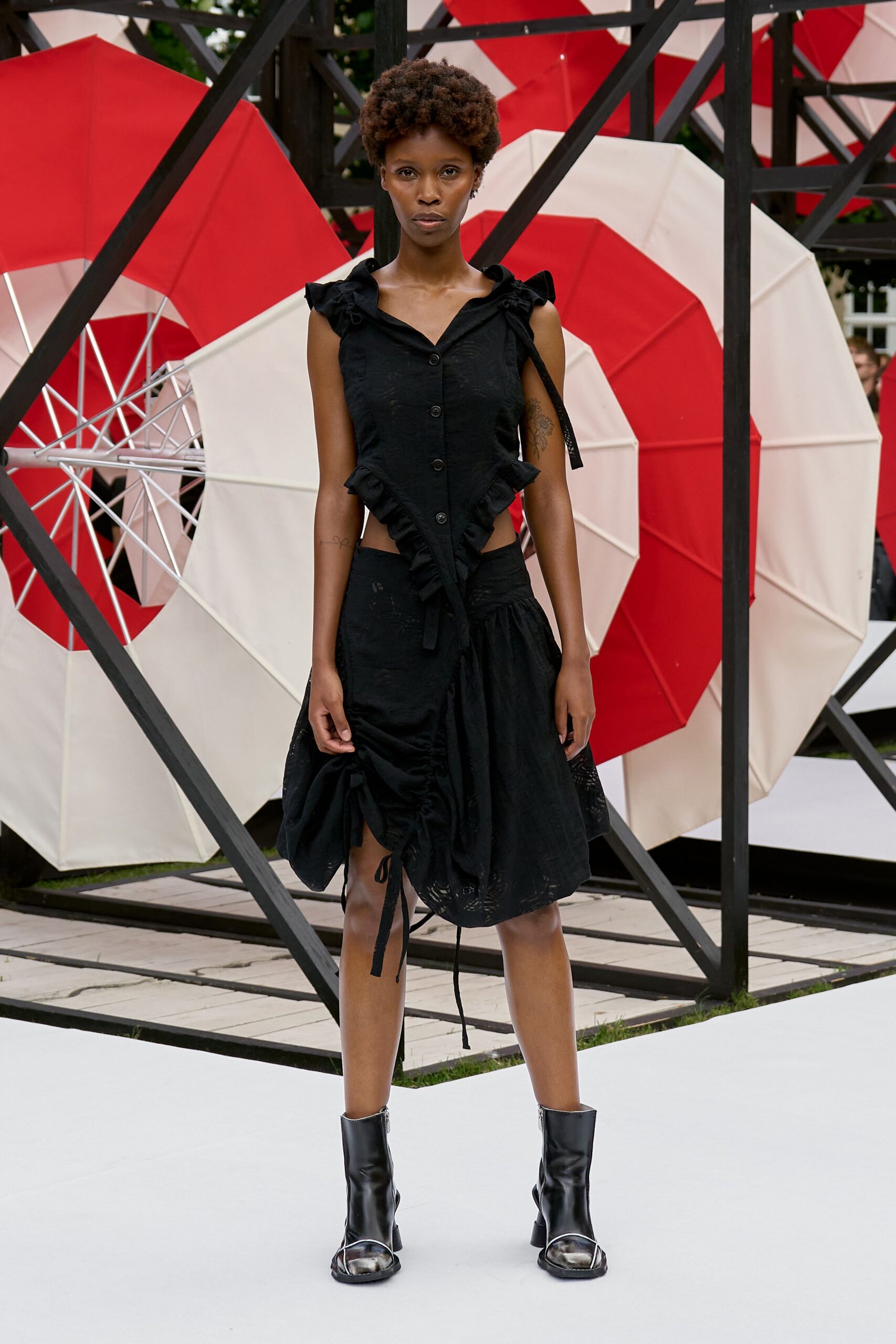 black cotton sleeveless collared fitted ruffled draped dress