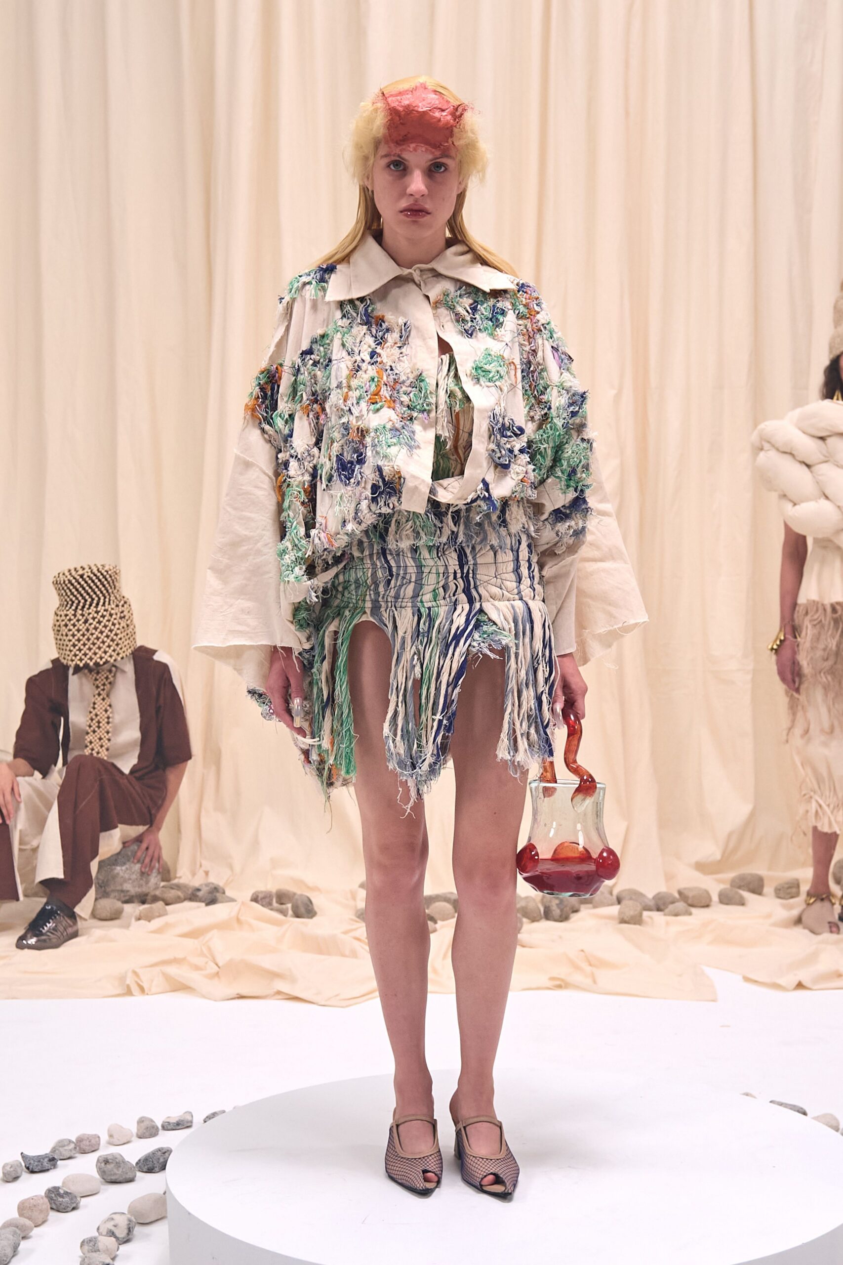 multi cotton long-sleeve collared oversized layered fringed cape
