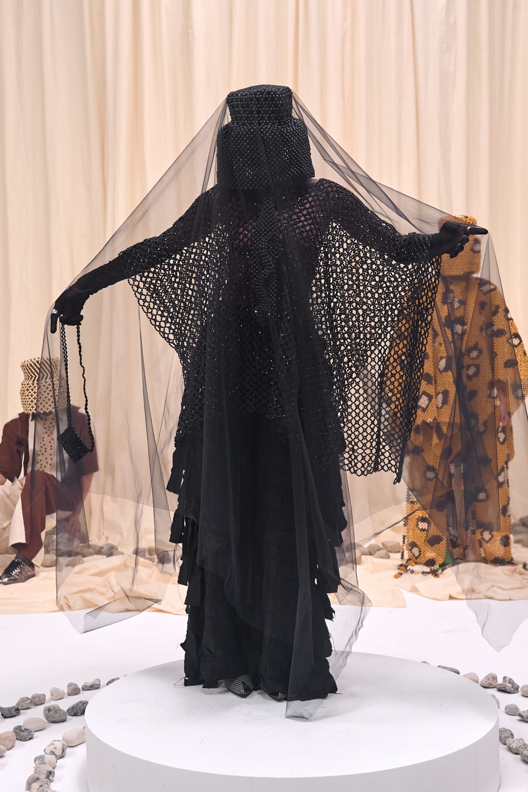 black lace long-sleeve high-neck fitted layered fringed gown