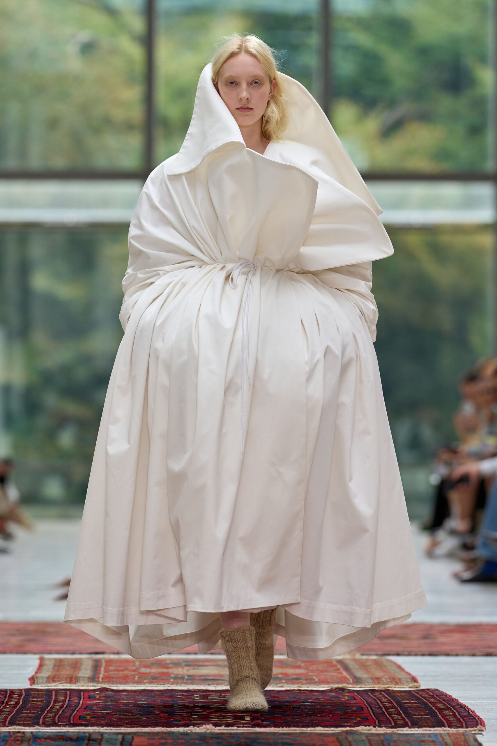white cotton sleeveless high-neck oversized pleated draped dress