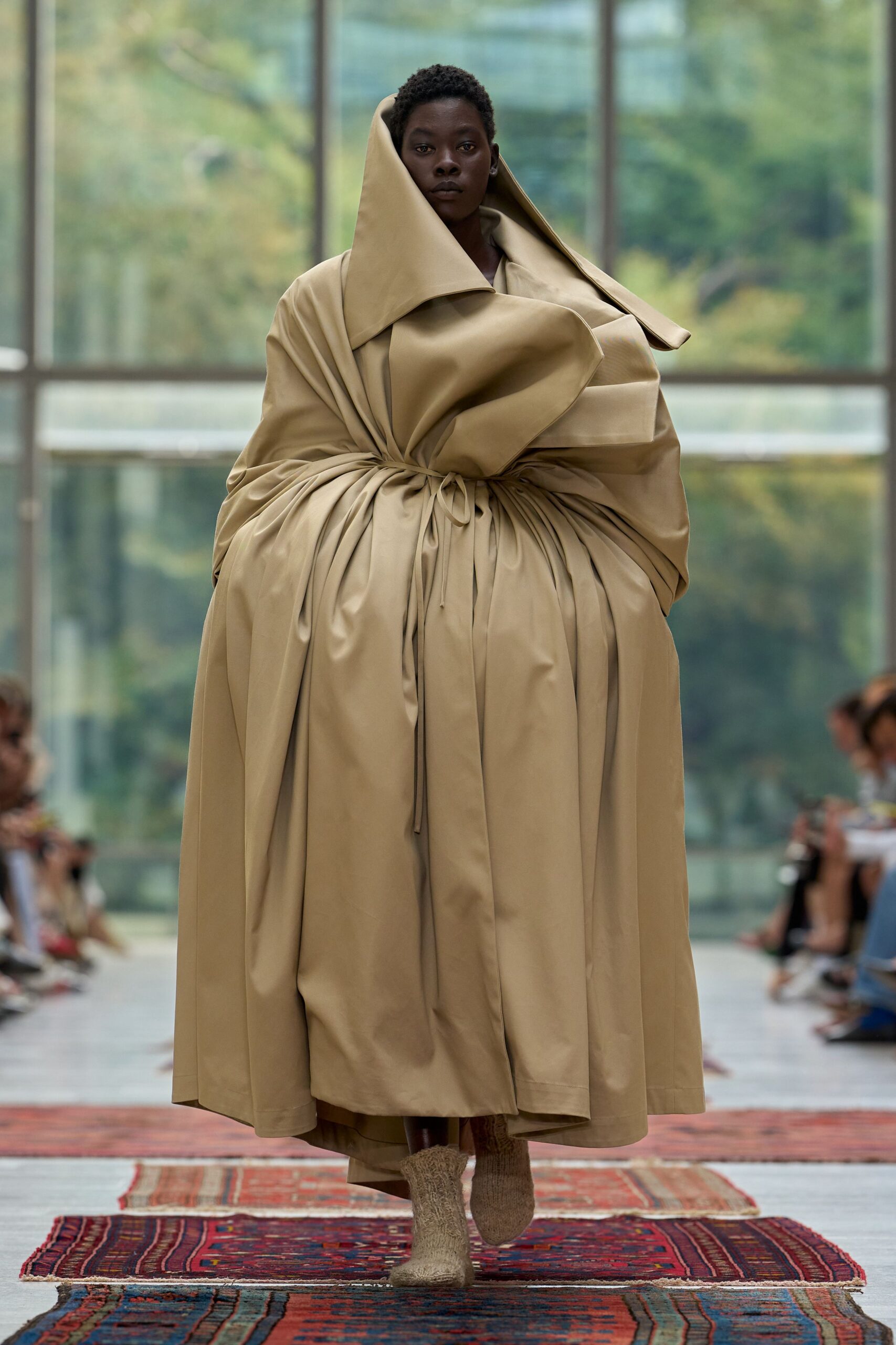 beige unknown high-neck long-sleeve draped belted flowing dress