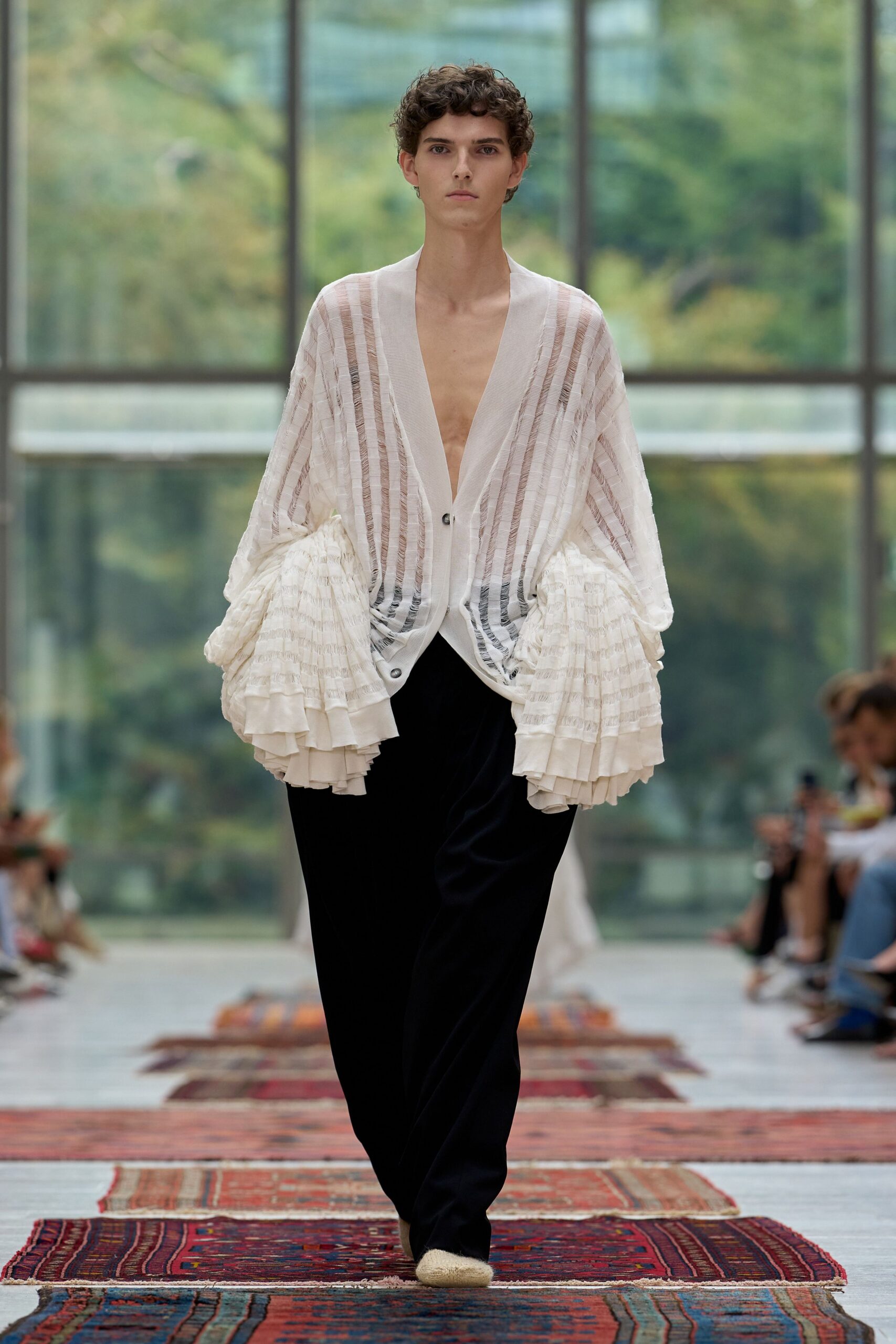white silk long-sleeve v-neck relaxed pleated ruffled blouse