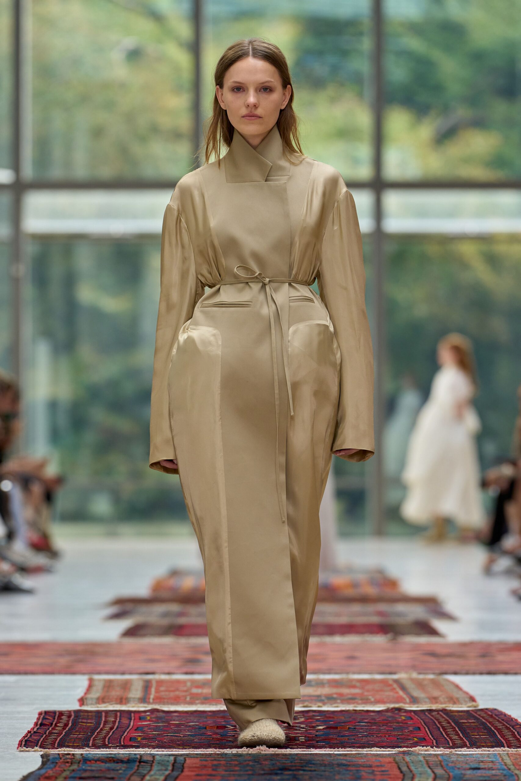 beige silk long-sleeve belted dress