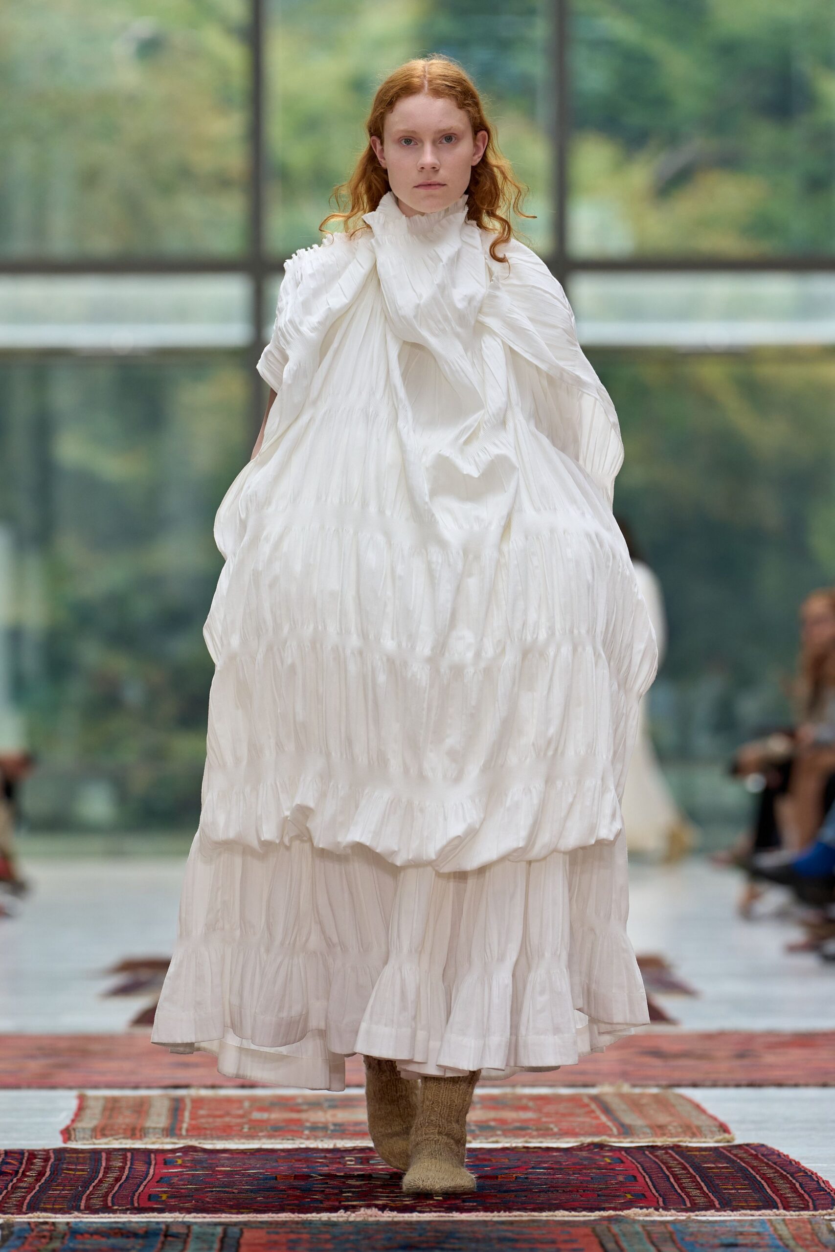 white cotton long-sleeve high-neck relaxed pleated tiered dress
