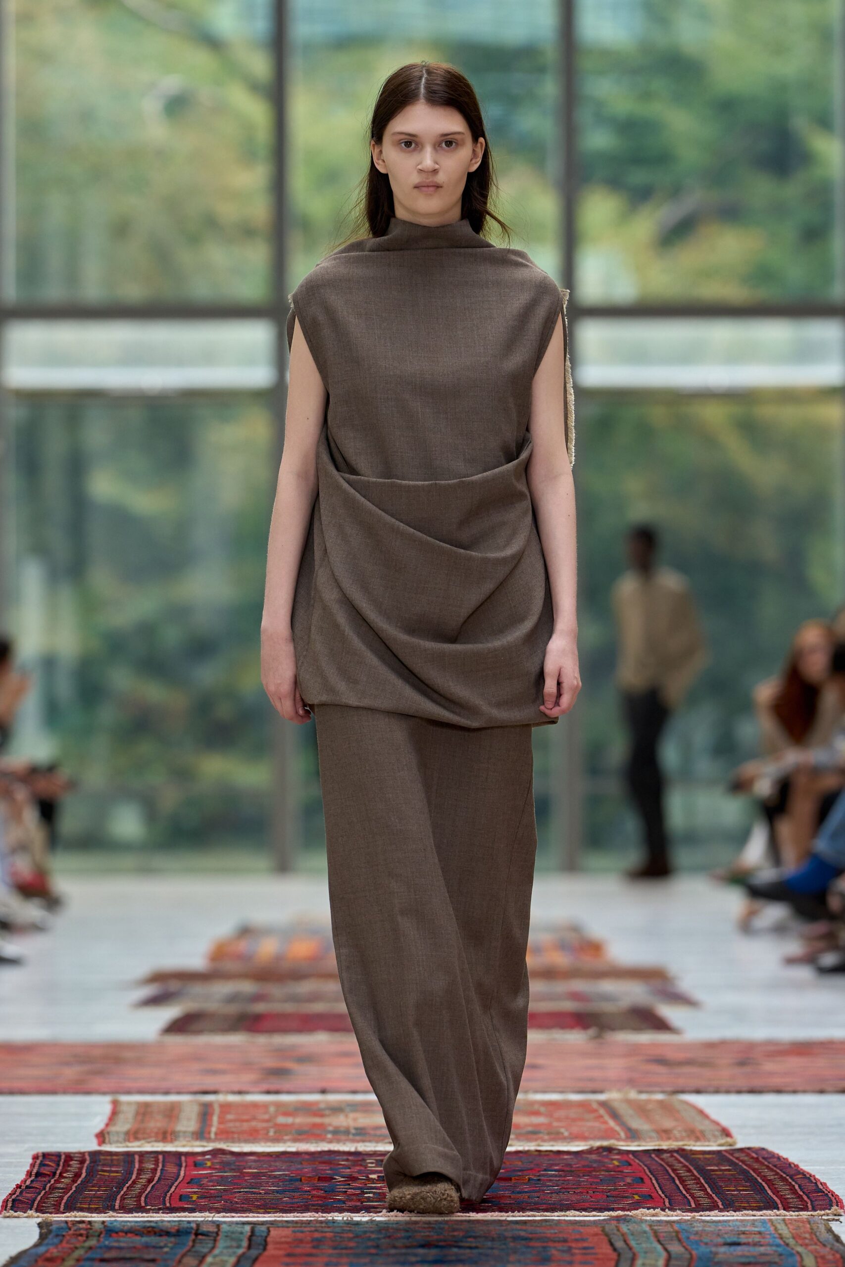 brown cotton sleeveless high-neck relaxed draped top
