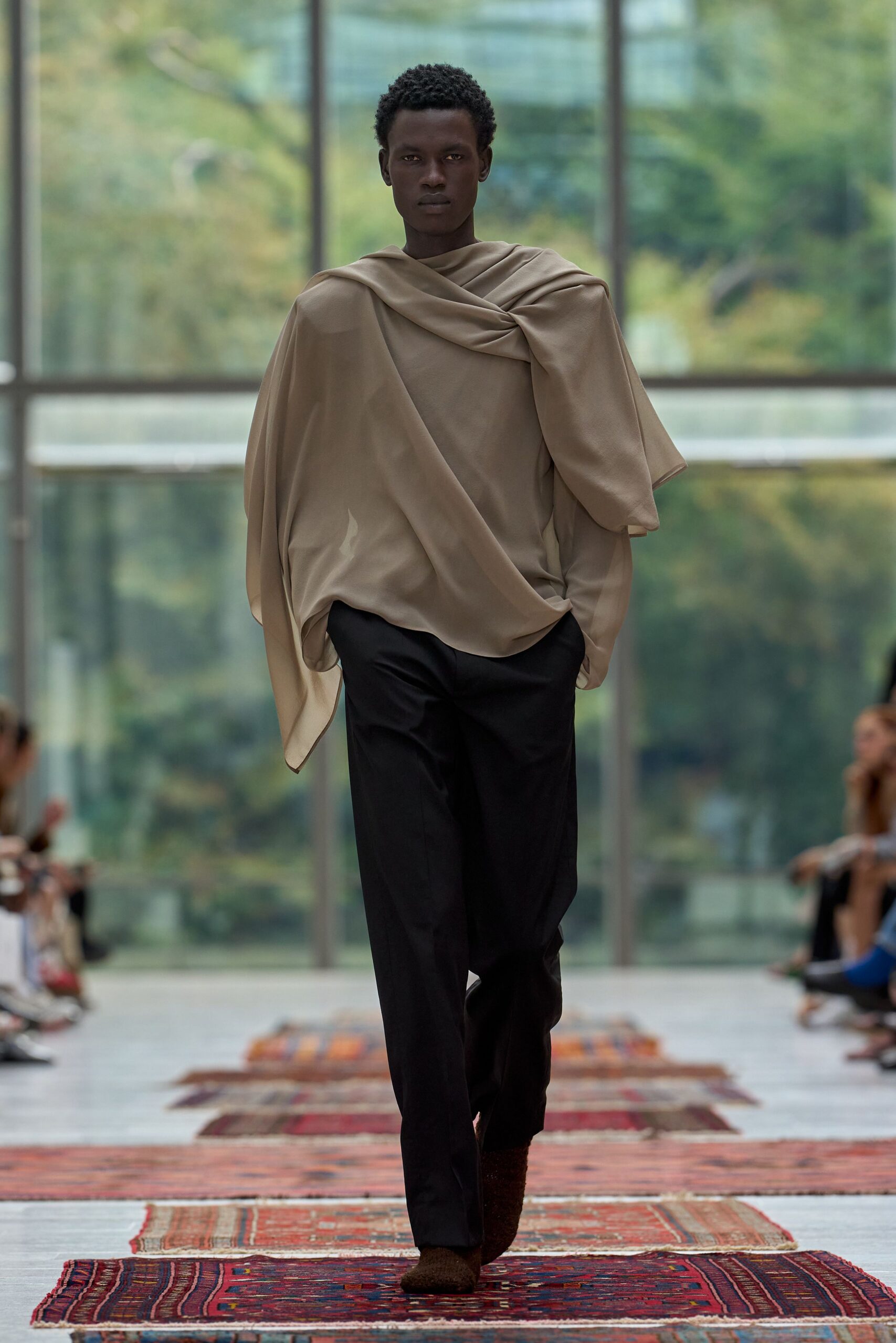 beige silk long-sleeve high-neck relaxed draped top