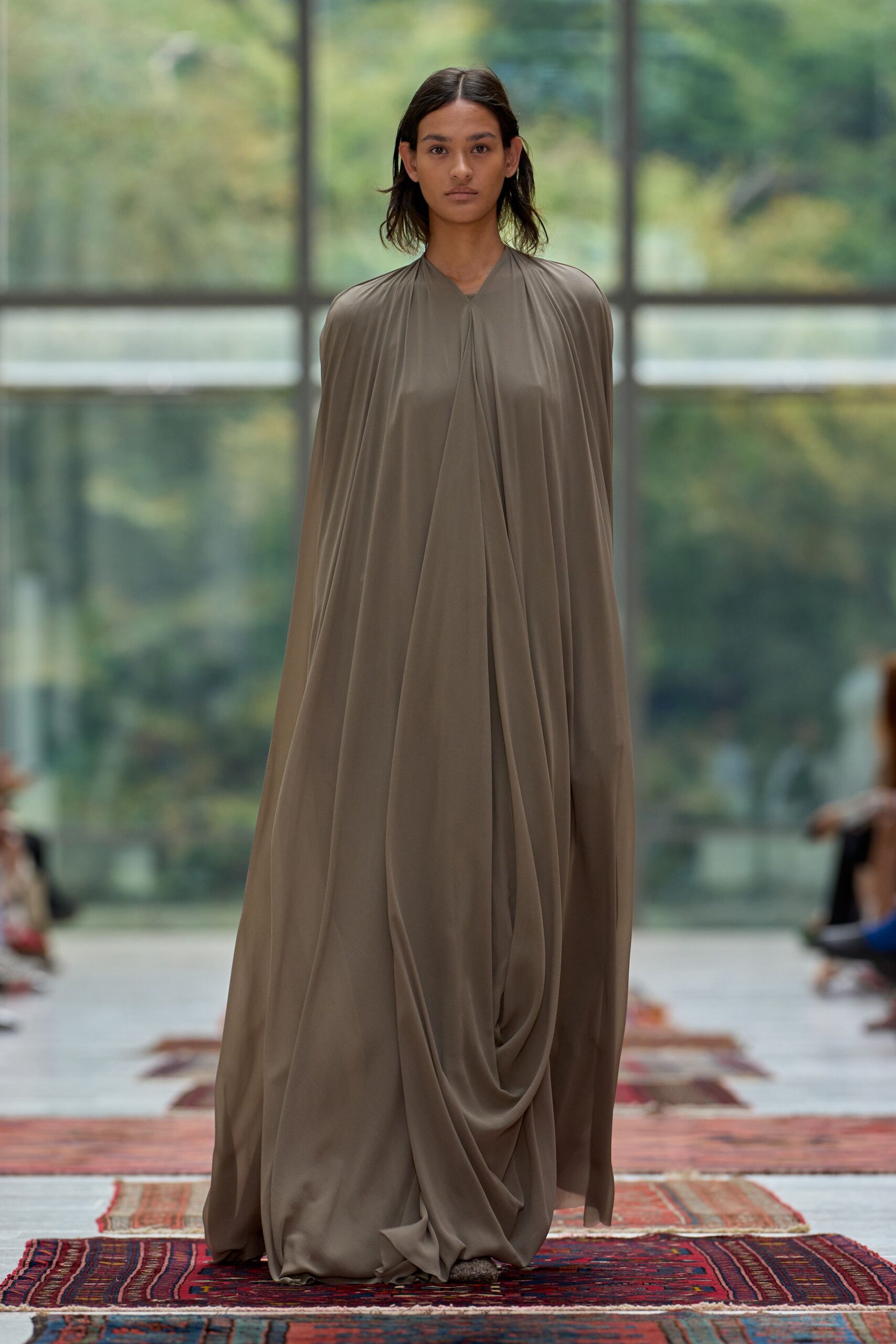 beige silk sleeveless gown