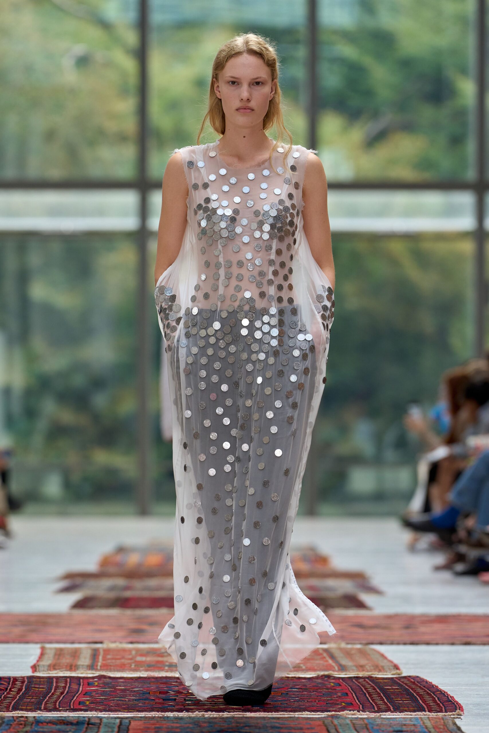 white silk sleeveless v-neck fitted embellished sheer gown