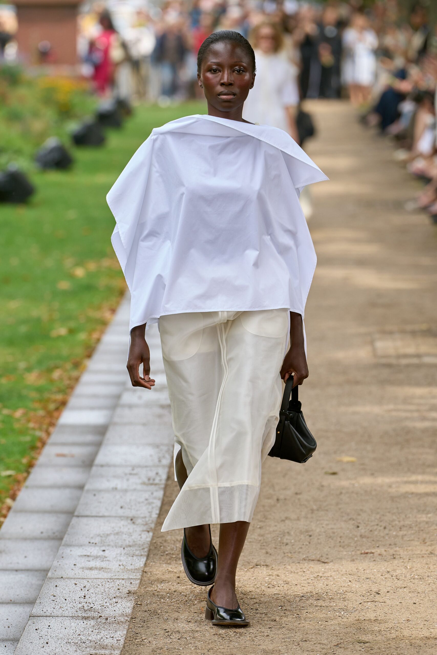 white cotton long-sleeve fitted layered midi skirt
