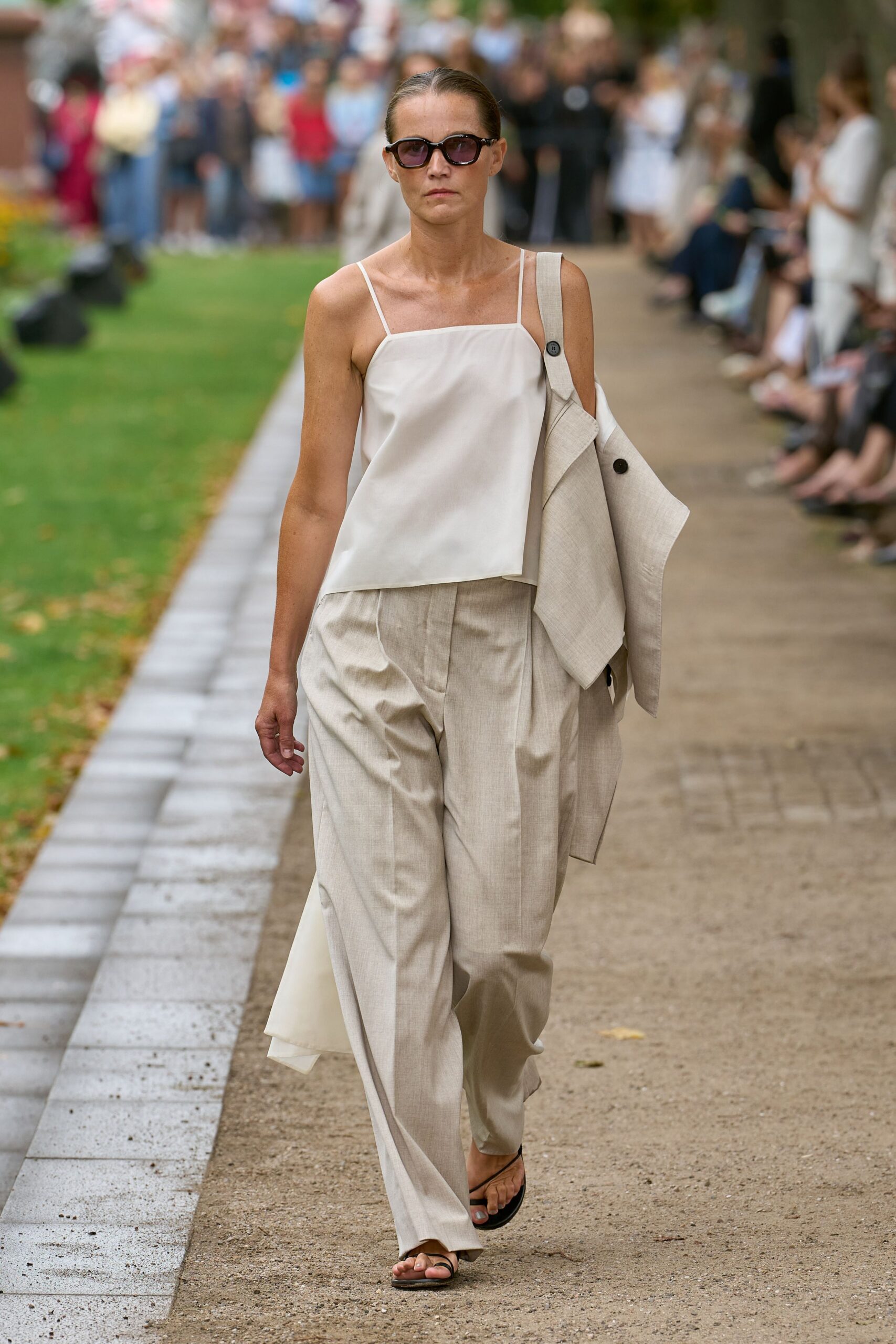 beige linen long-sleeve collared structured blazer
