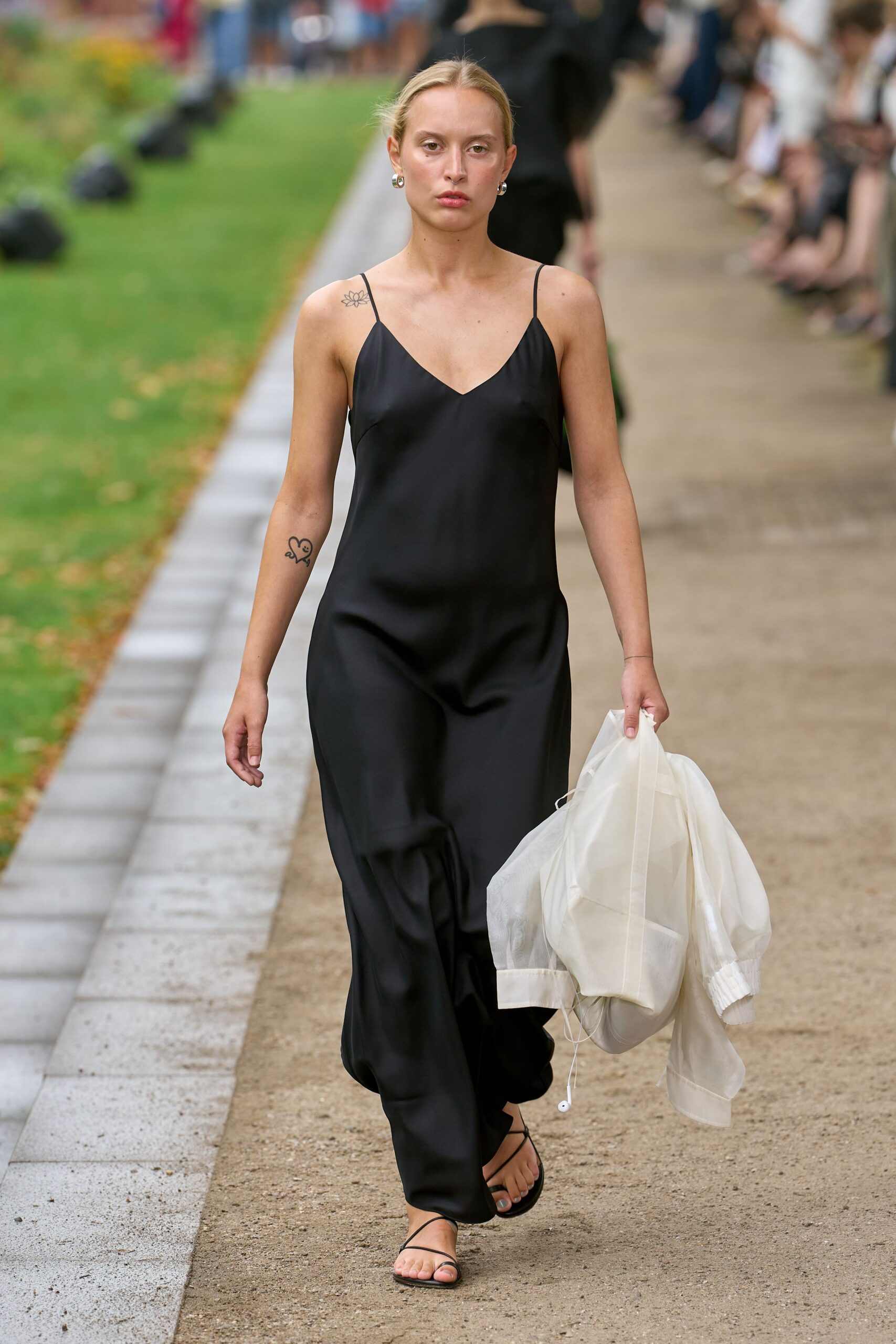 black silk sleeveless v-neck fitted flowing maxi dress