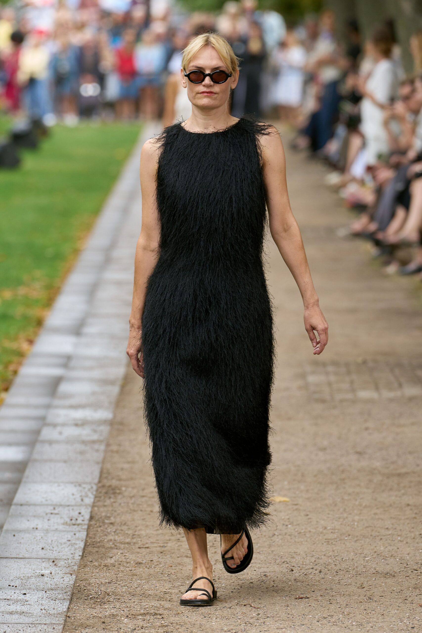 black fur sleeveless high-neck fitted textured midi dress