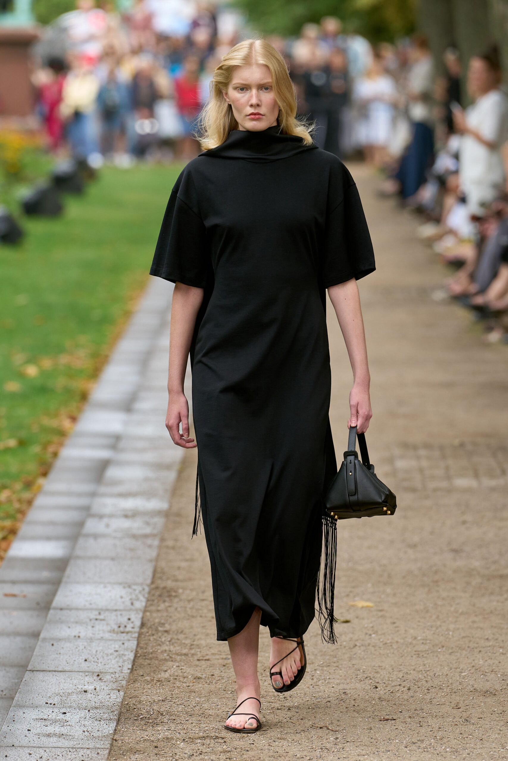 black cotton short-sleeve high-neck relaxed straight-leg midi dress
