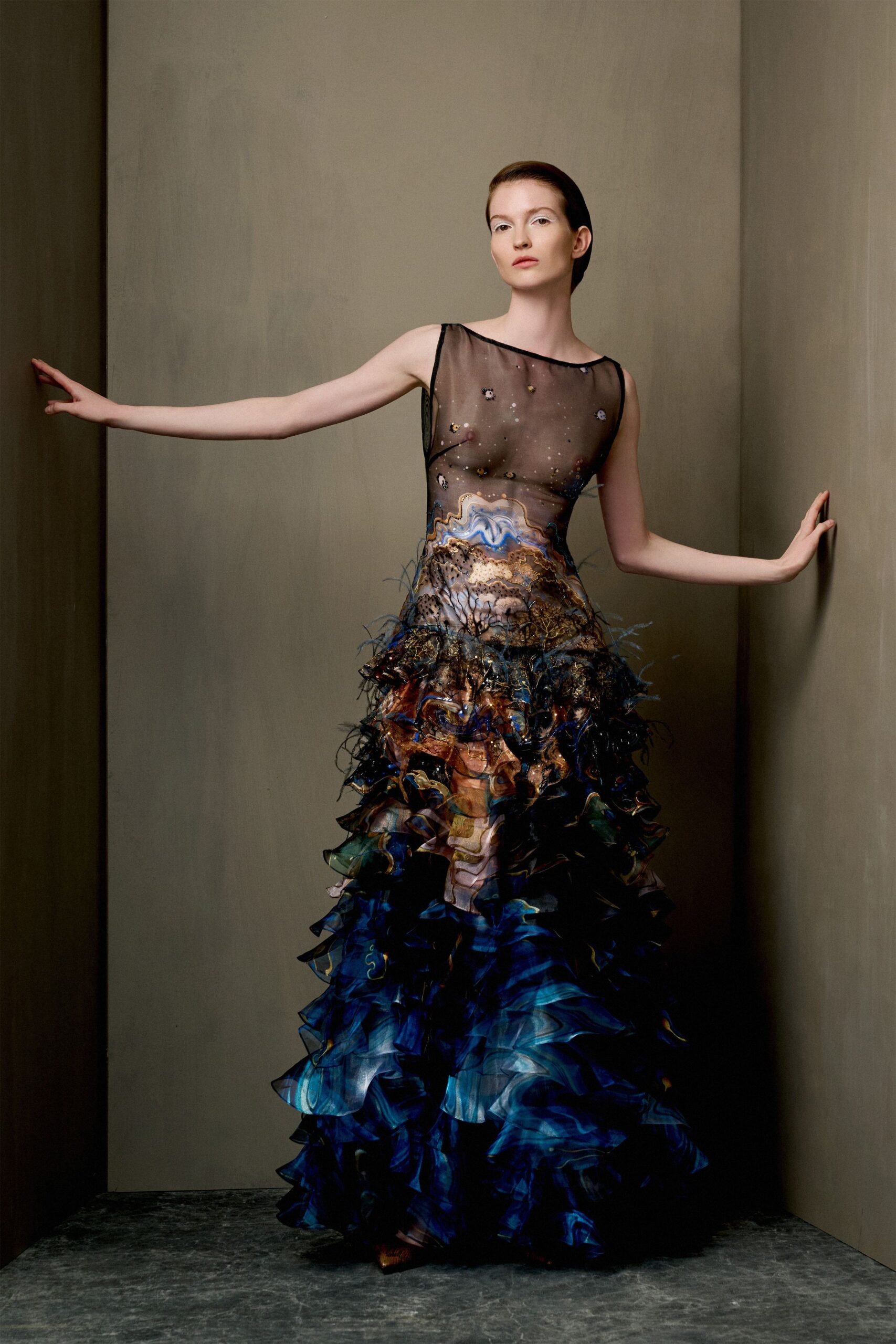 blue multi-layered ruffled gown