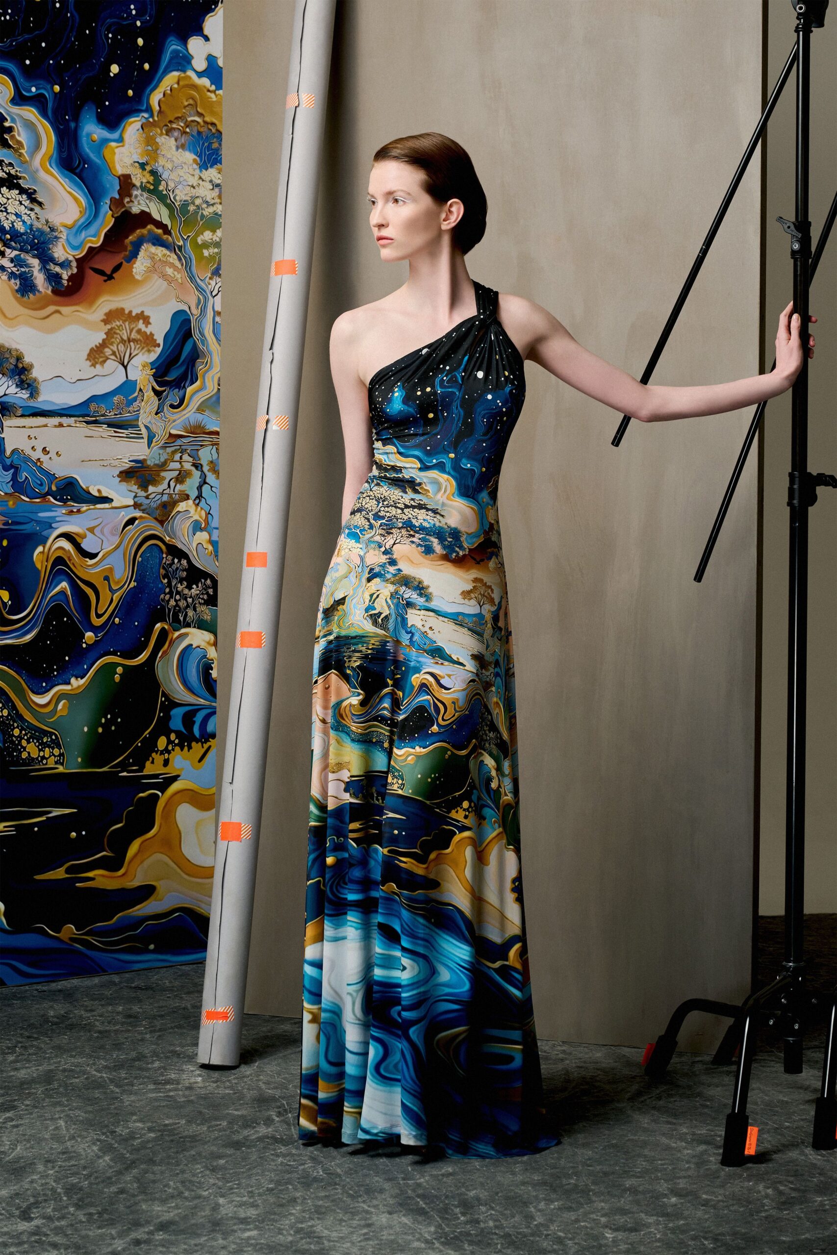 blue printed asymmetric gown