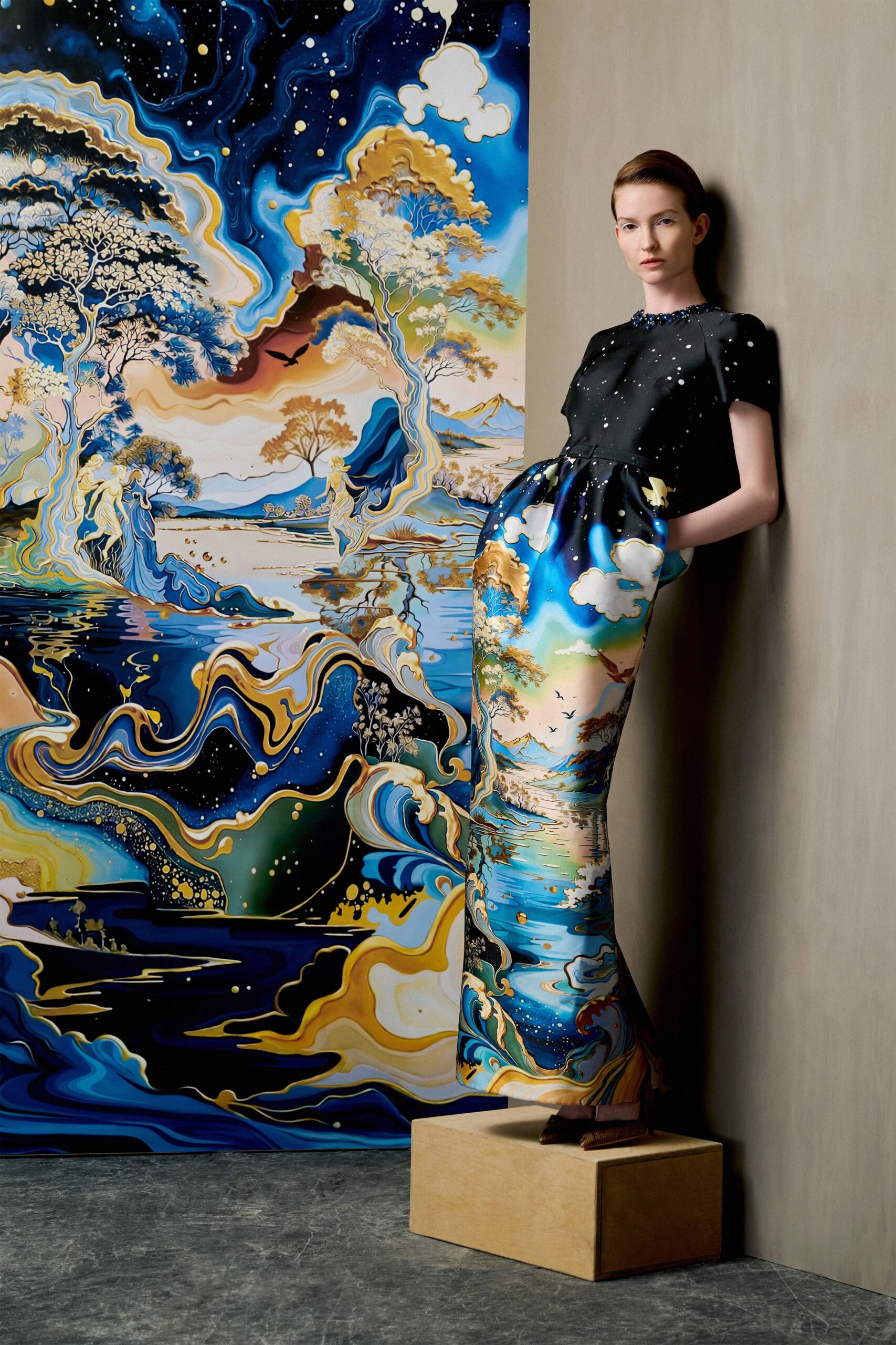 black silk printed maxi dress