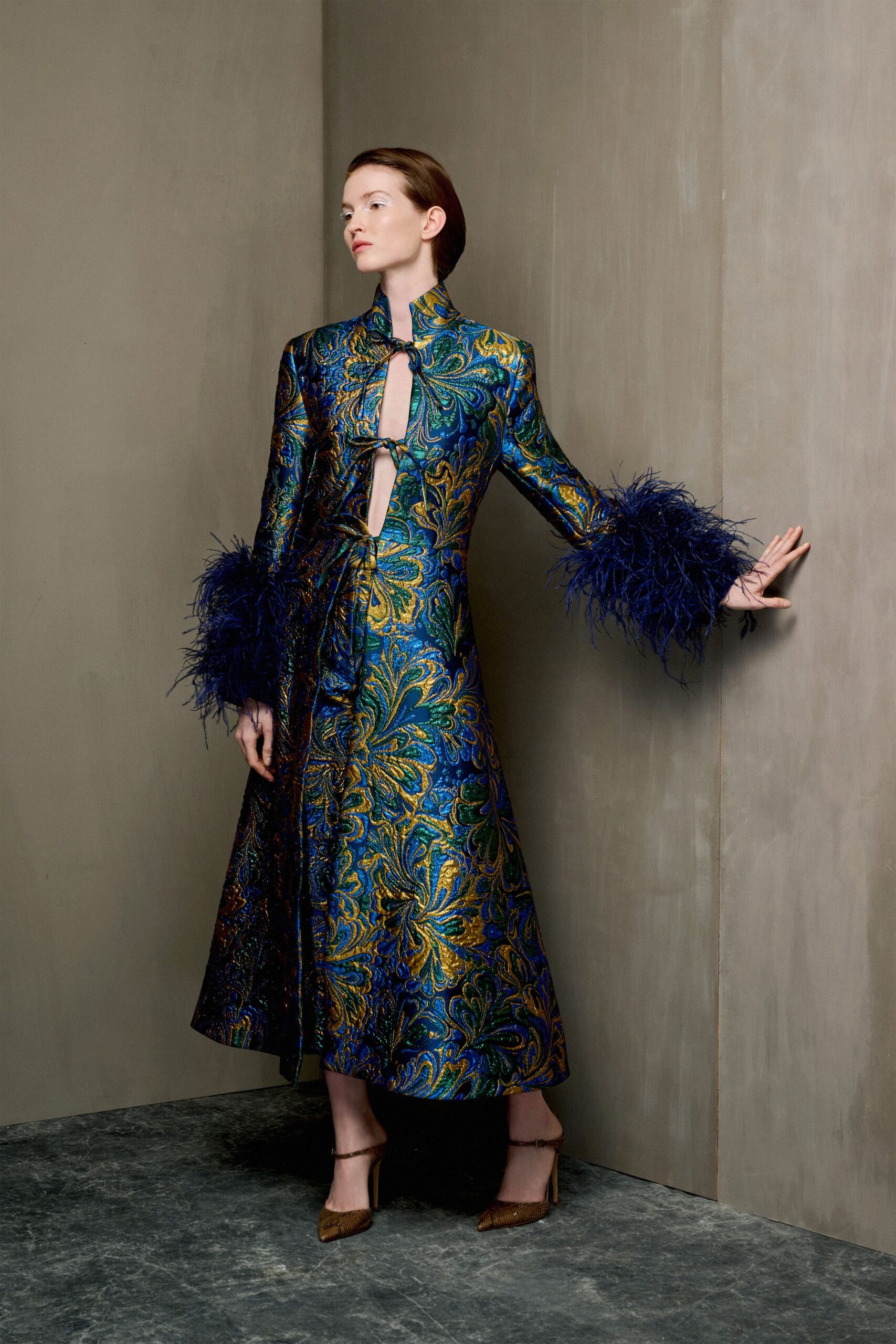 blue silk long-sleeve high-neck fitted flared embroidered gown