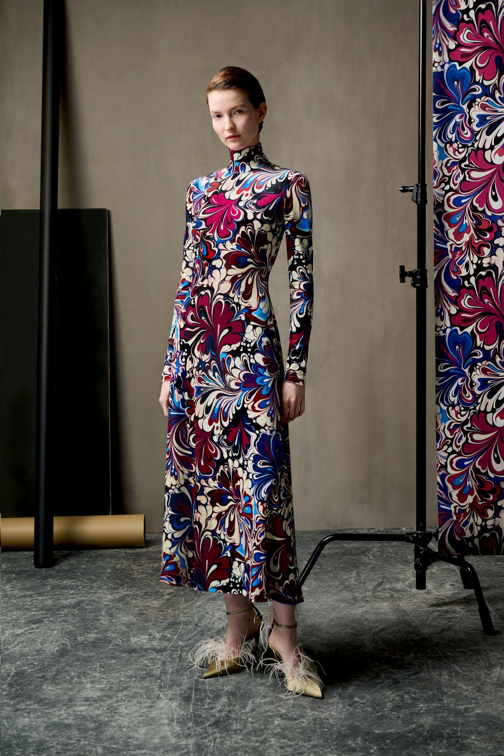 blue silk long-sleeve high-neck fitted printed midi dress