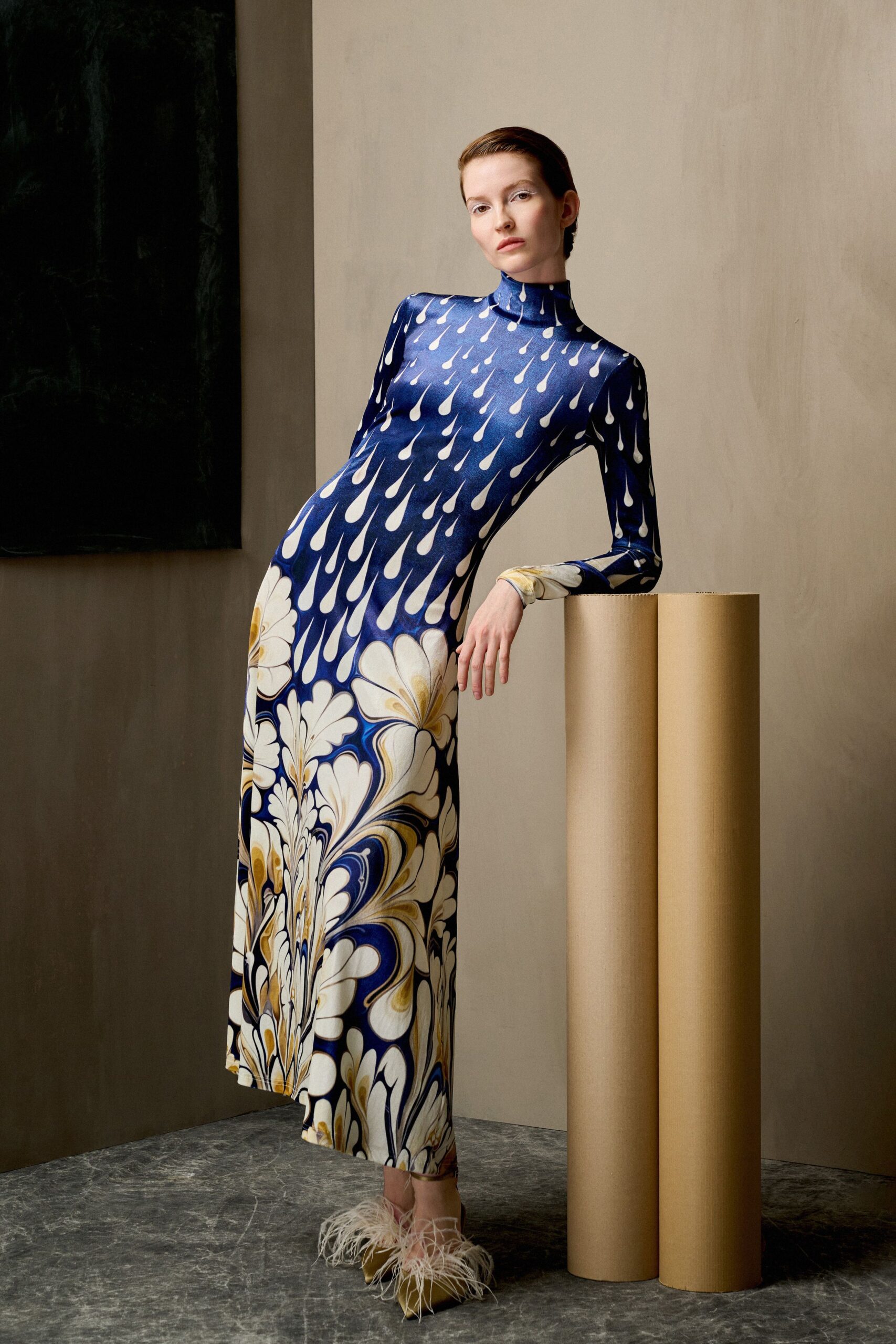 blue silk long-sleeve high-neck fitted printed midi gown