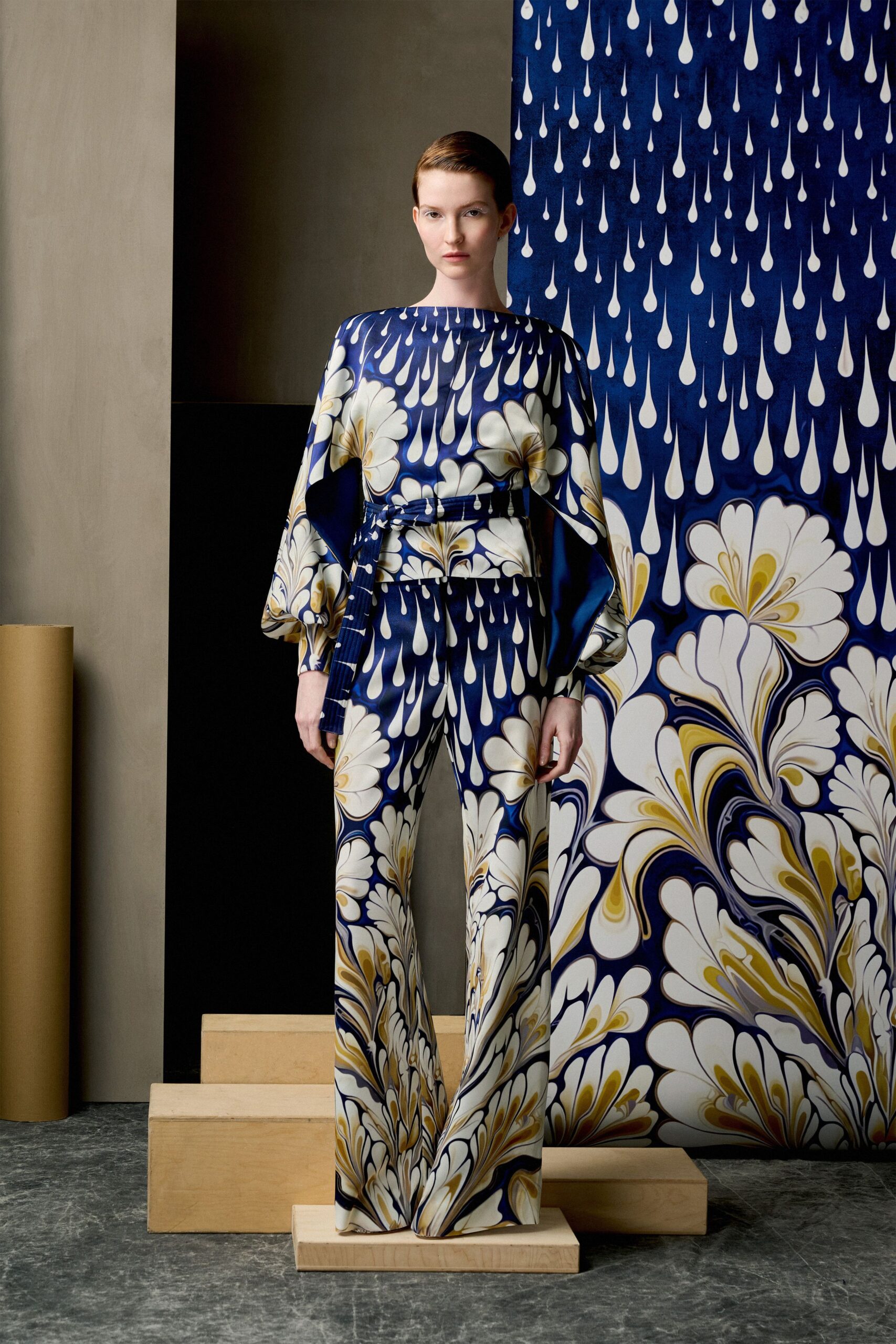 blue silk fitted printed flared pants