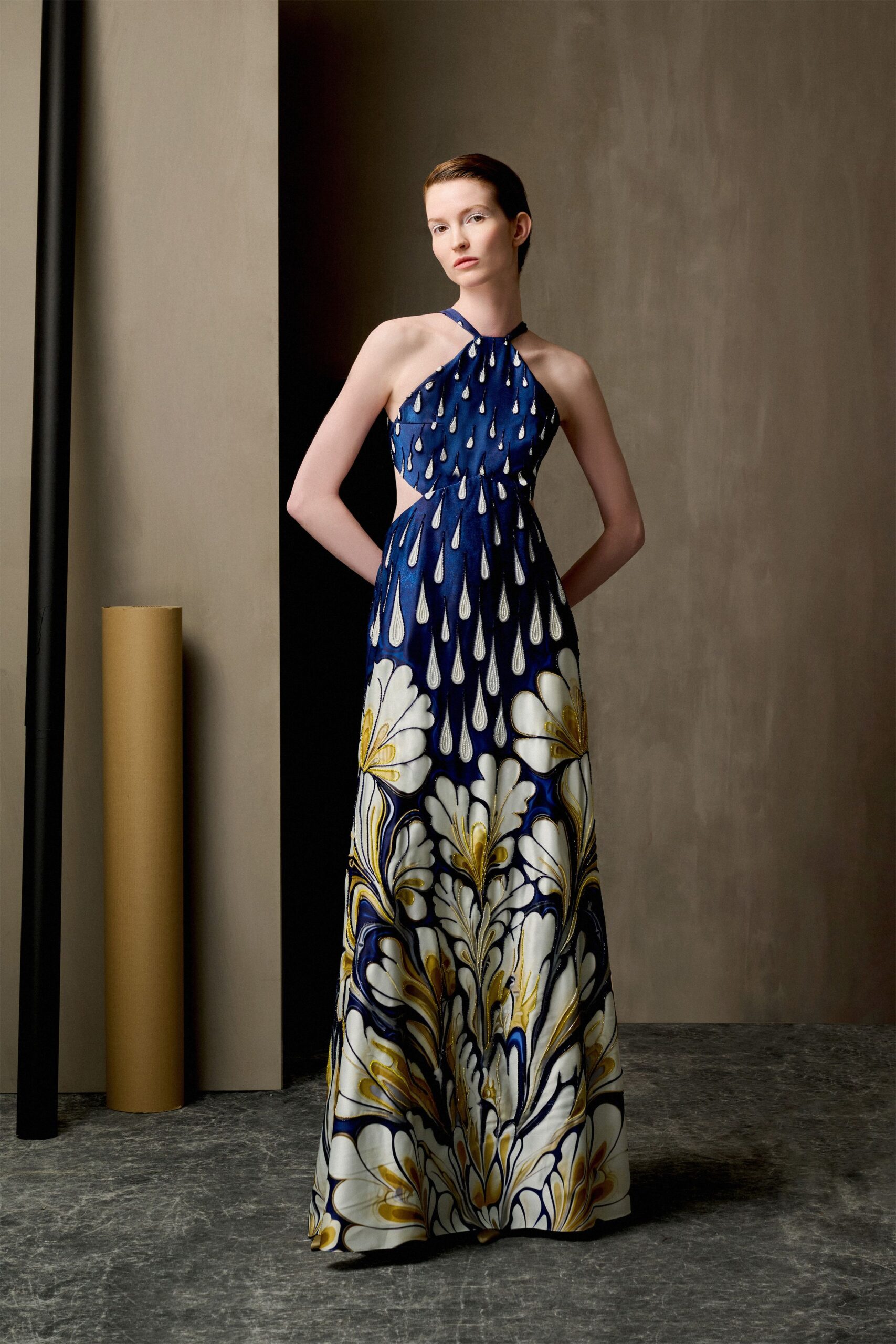 blue floral silk halter gown