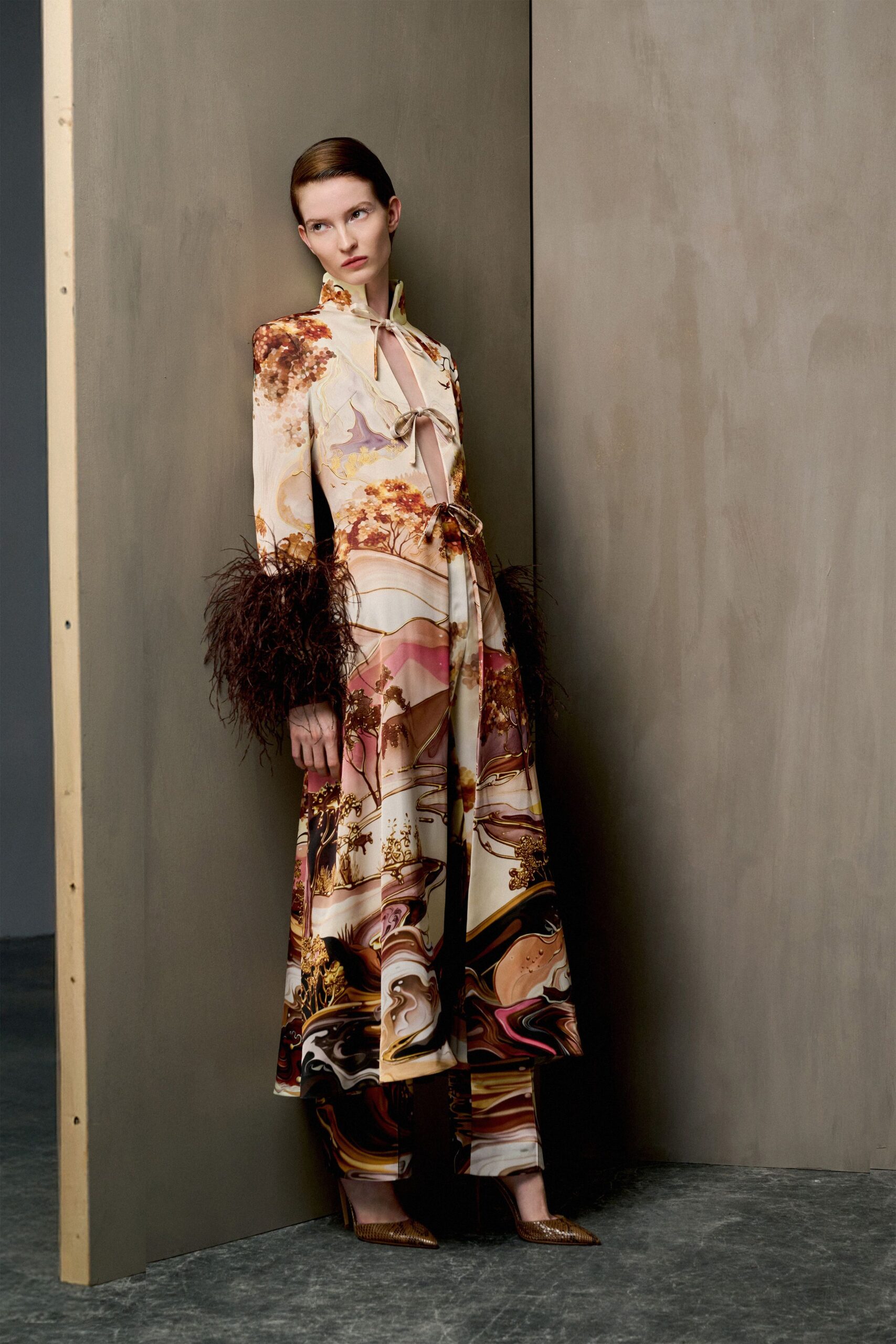 printed maxi dress with fitted pants