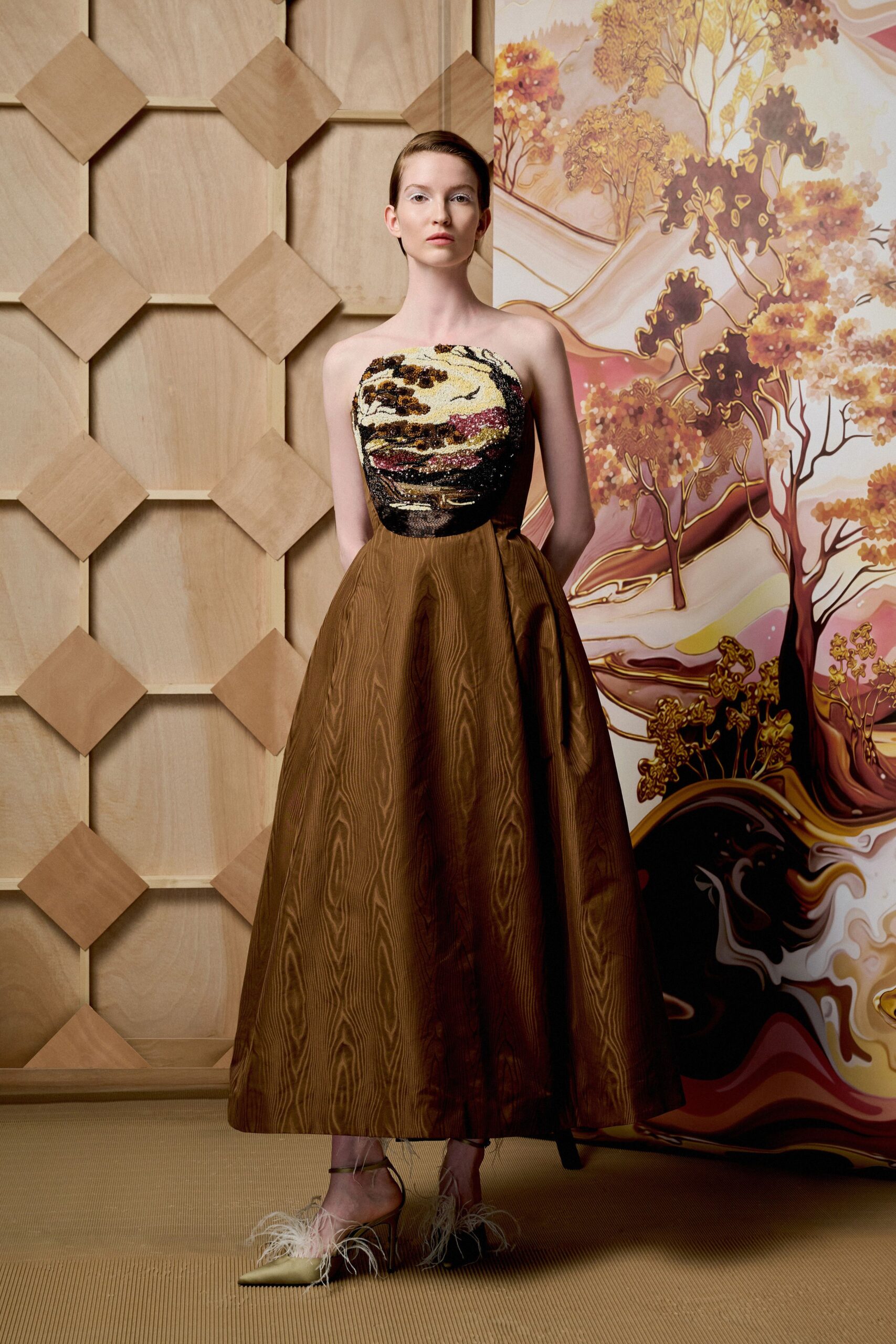 black silk sleeveless high-neck fitted embroidered tiered gown